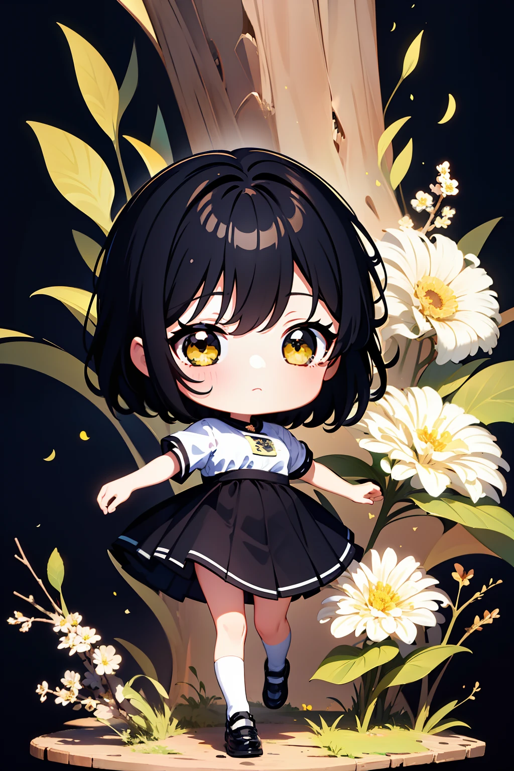 ((Best quality)), ((Masterpiece)),1 girl, animemanga girl,Q version characters,Infant body type,Very short in height,Black color hair,a black skirt,Holding flowers