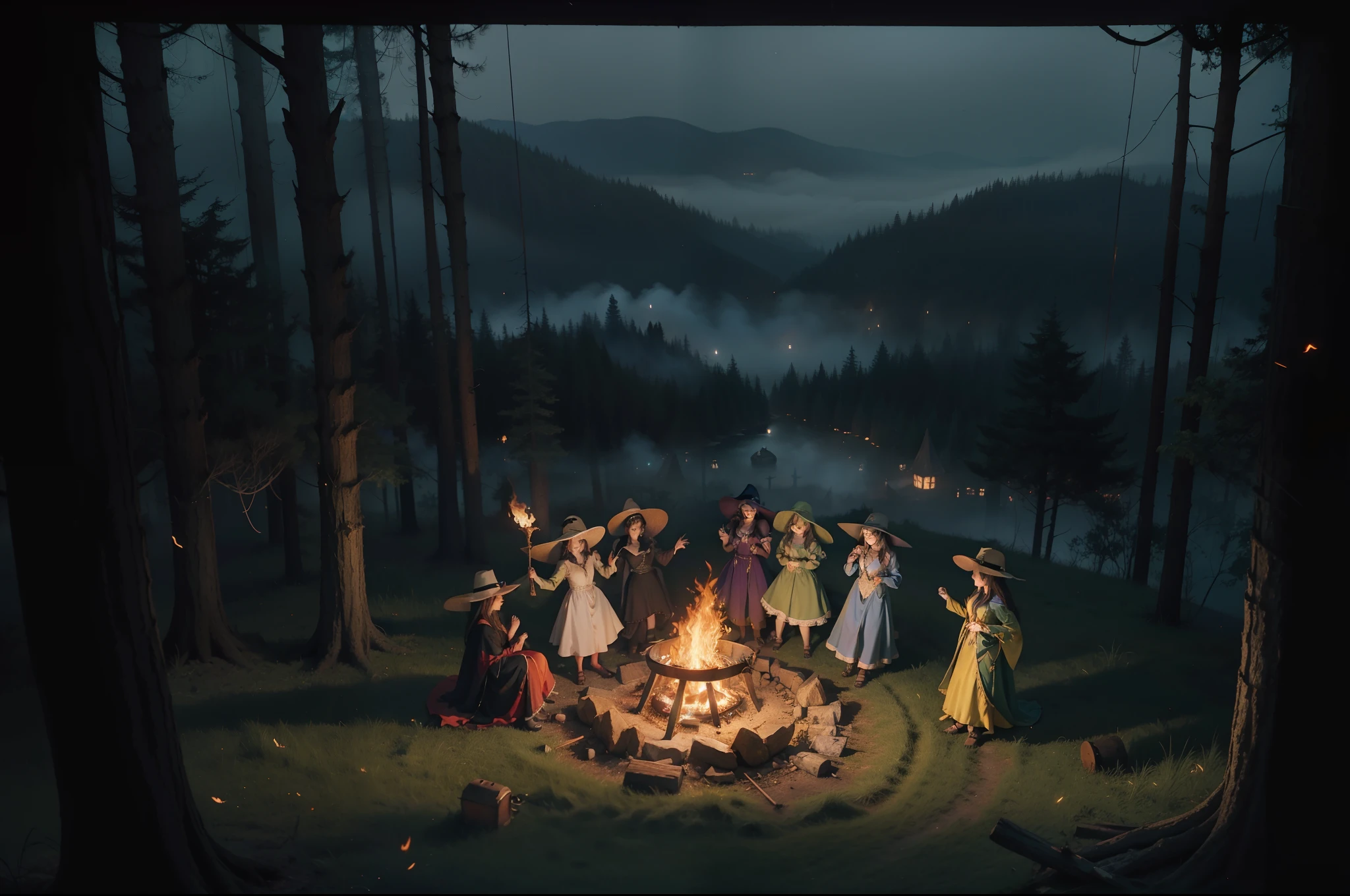 Bird eye view of a group of witches dancing around a camp fire. They wear ponty hats and multilayered dresses made in colourful but dark satin. Dark magic foggy forest as background. Illuminated by fire, fireflies and moonlight. Dynamic scene.