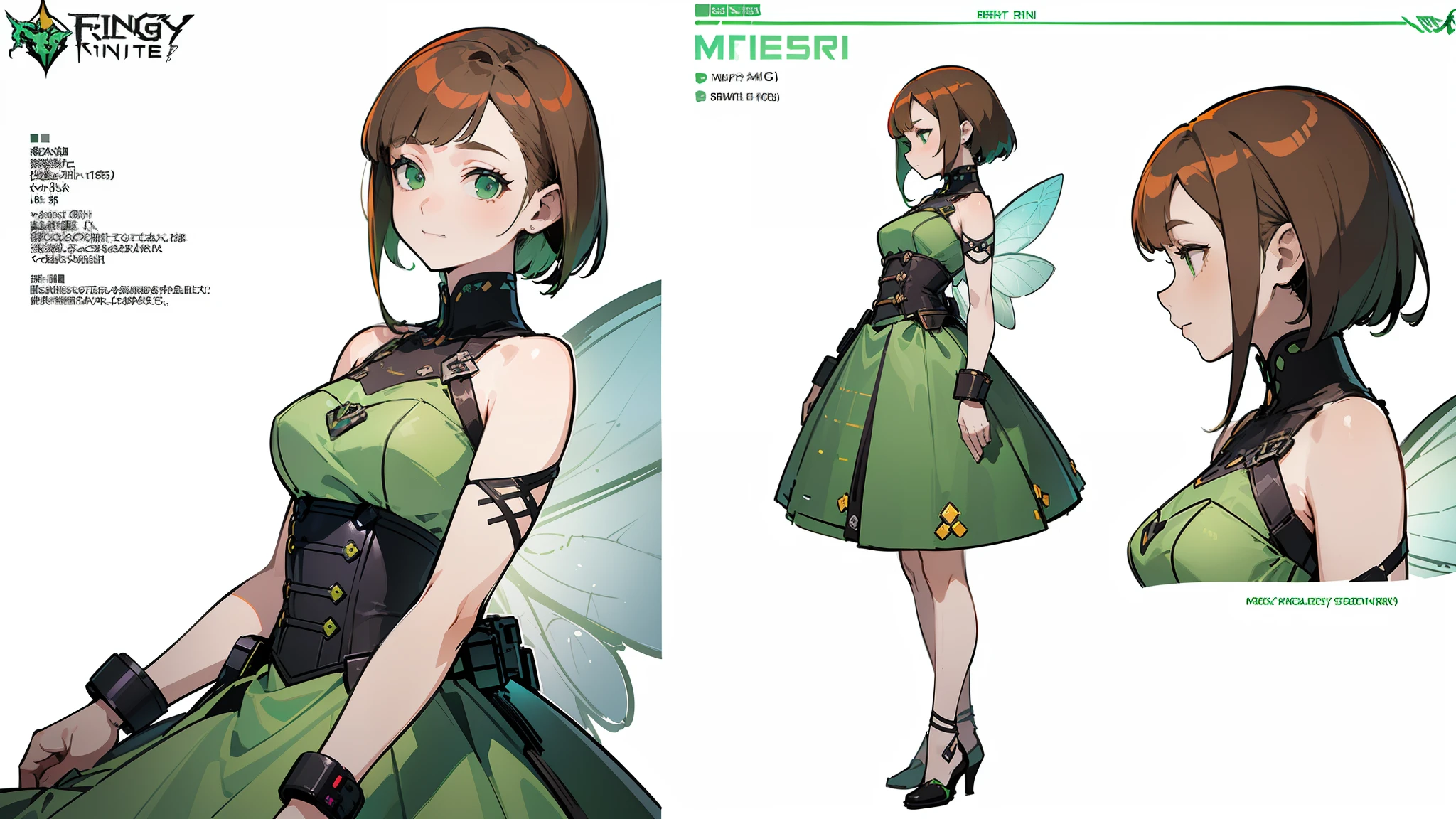 ((Best Quality)), ((Masterpiece)), ((Realistic)) 19 year old, redhead girl, shoulder length hair, relaxed happy face ((slender)) (busty), ((( light green fairy dress ))) (((mini skirt))) ((sexy )) cyberpunk attire, textured pixie haircut (((detailed character sheet, frontal view, side view, three quarter view))) (((white background))) 6 and a half heads full body