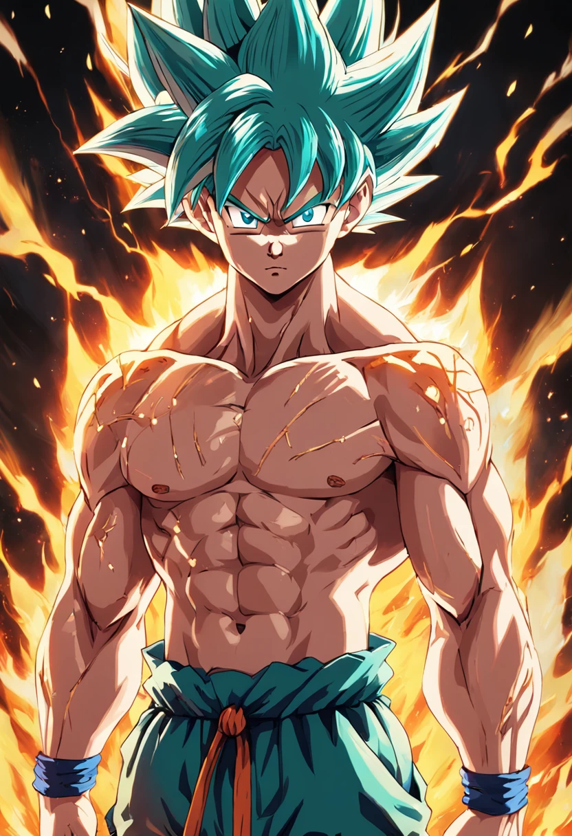 Goku, corpo inteiro, cabelos verdes, Sem camisa, estilo anime, hd, 16:9