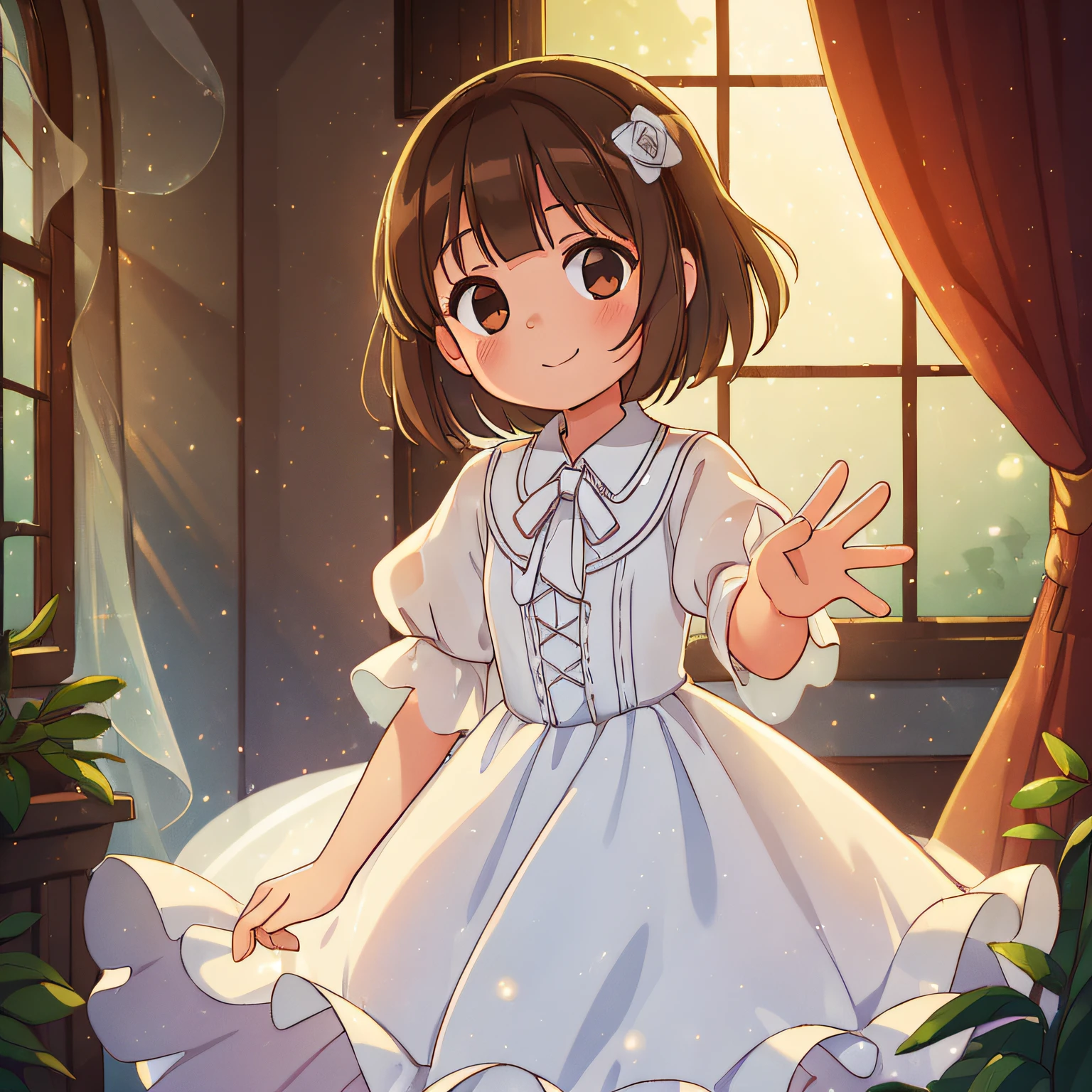 (best quality, high quality:1.3), CG, dramatic lighting, highly detailed, Bokeh, 10 year old ghost girl named Elize, translucent, wearing a long white dress, kind gaze and slight smile on her face, short brown hair, waving with hand, saying goodbye, at the window of the mansion