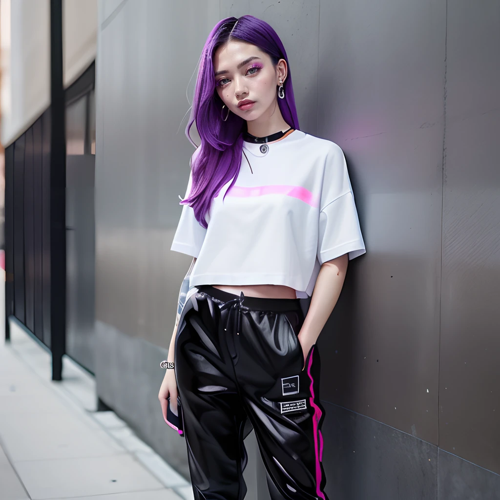 The Arad woman with purple hair and a white shirt stood against the wall, Neon style, photograph of a techwear woman, colorful fashion, She is seen wearing streetwear pieces, Colorful high contrast, track pants, ultraviolet and neon colors, fashion shot, cargo pants. Cyberpunk city, Woman in streetwear, female streetwear blogger, baggy black pants, cyberpunk style outfit