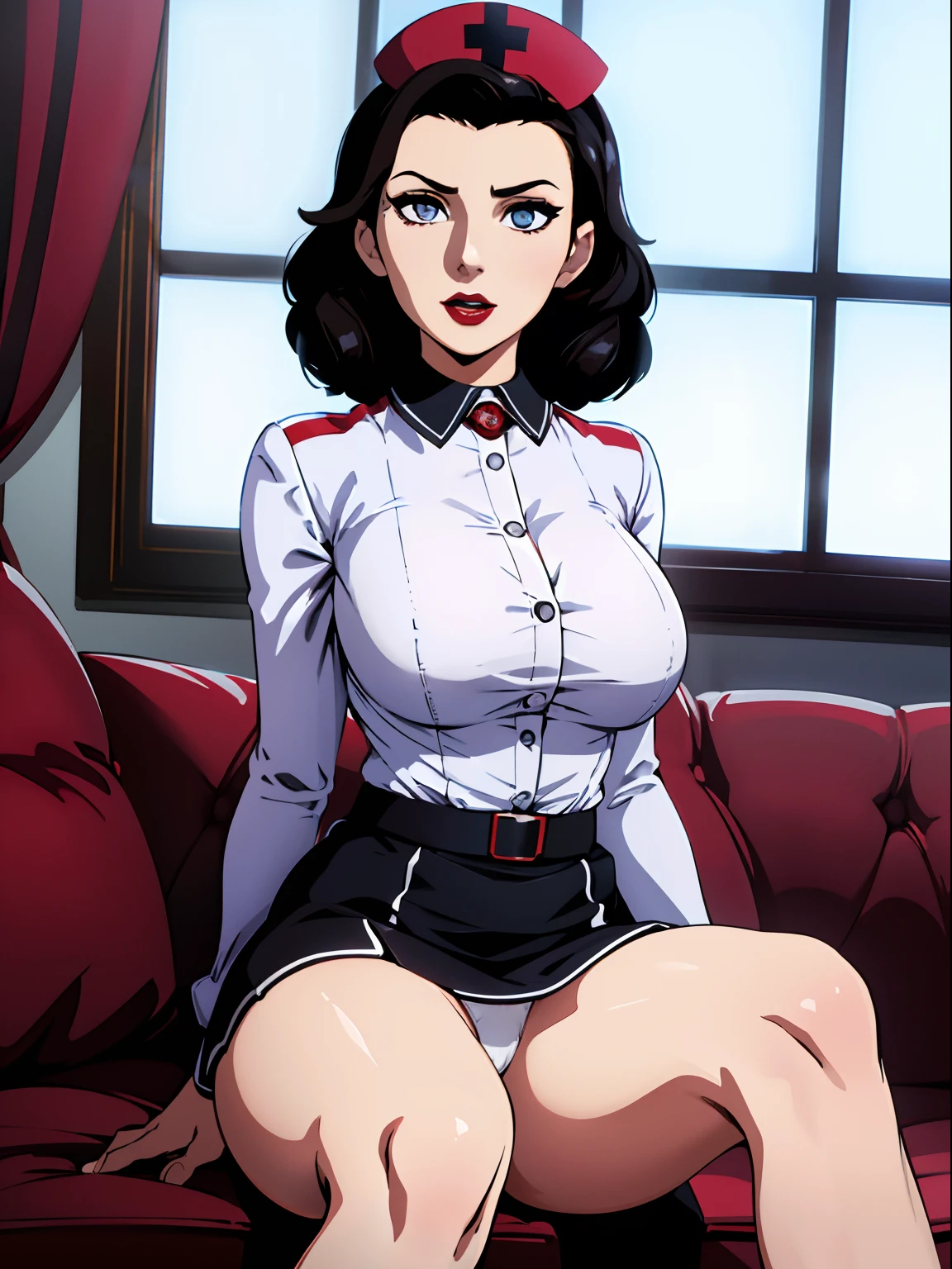 Elizabeth comstock, (nurse uniform: 2), ???????????, serious look, epic pose, heroic, red lipstick, (8k, RAW photo, best quality, masterpiece:1.2),ultra-detailed, (high detailed skin:1.2), 8k uhd, dslr, soft lighting, high quality, ???????, (white panties: 2), (visible panties: 2), (lifting her skirt: 2), (??????????????????: 1.2), (big ?????: 2.5), (sitting: 2)