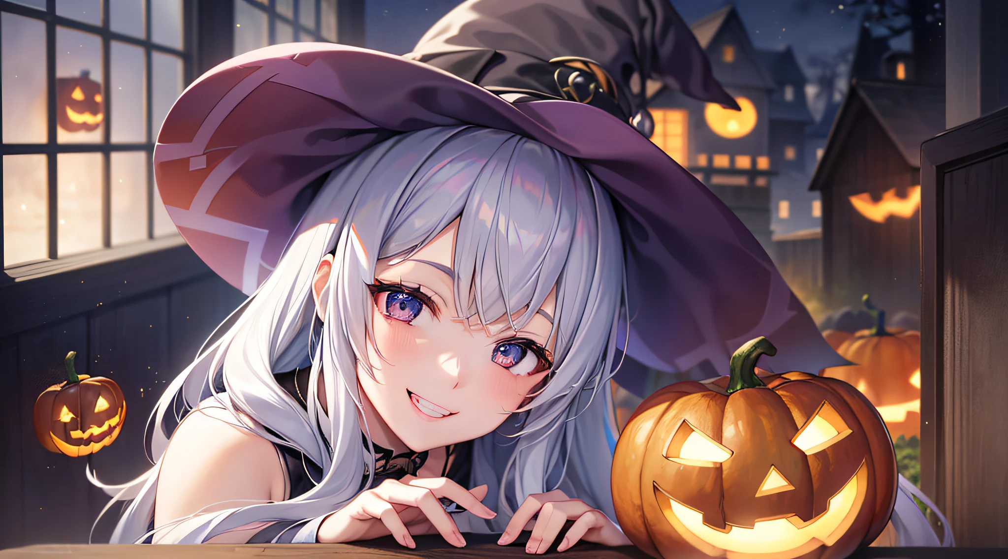 ((masuter piece:1.5)),((Finest quality)),(Ultra-high precision),8k picture,Top quality anime,Highest level of resolution,sharpnes,Clair,Fantasyart,Detailed down to the smallest detail,Phenomenal depiction,Halloween:1.5,parade:1.4,((1人の女性,)),the witch,((a smile:1.3),Lots of jack-o'-lanterns,