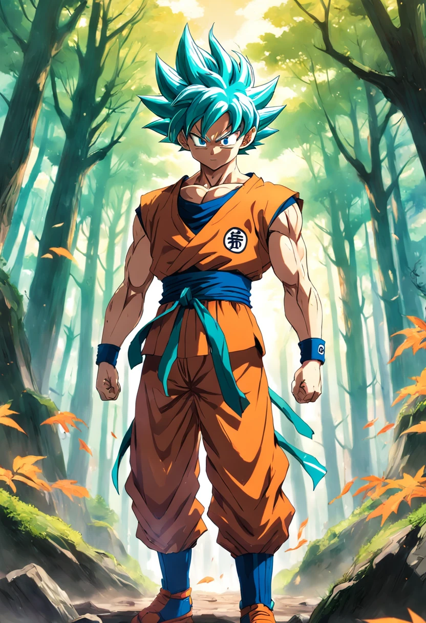 Goku, corpo inteiro, cabelos verdes, Sem camisa, estilo anime, roupas laranja, forest scenarios