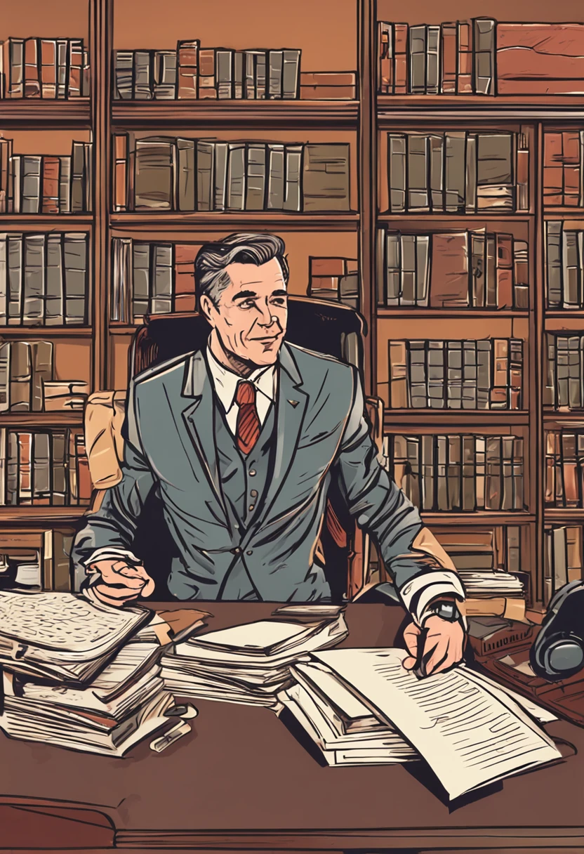 "Describe a super realistic picture of a lawyer in your office, imerso em sua rotina de trabalho. Detalhe a cena, incluindo as roupas, the facial expression, os documentos, the decoration of the office and any element that helps to convey the professional atmosphere and personality of the lawyer."
