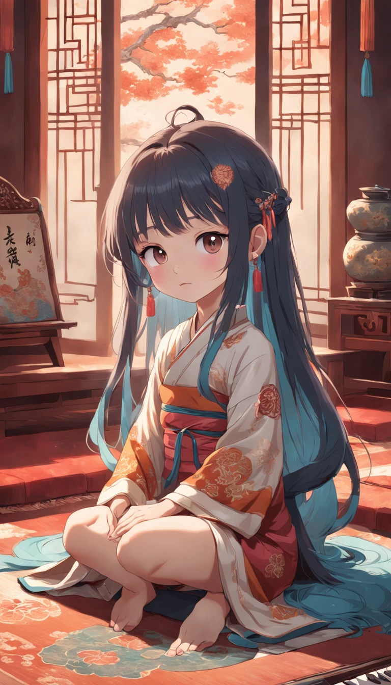 full body Esbian, Very young girl sitting on carpet doing guzheng,Oriental face,with highly-detailed facial features and cartoon-style visuals。The bikini
