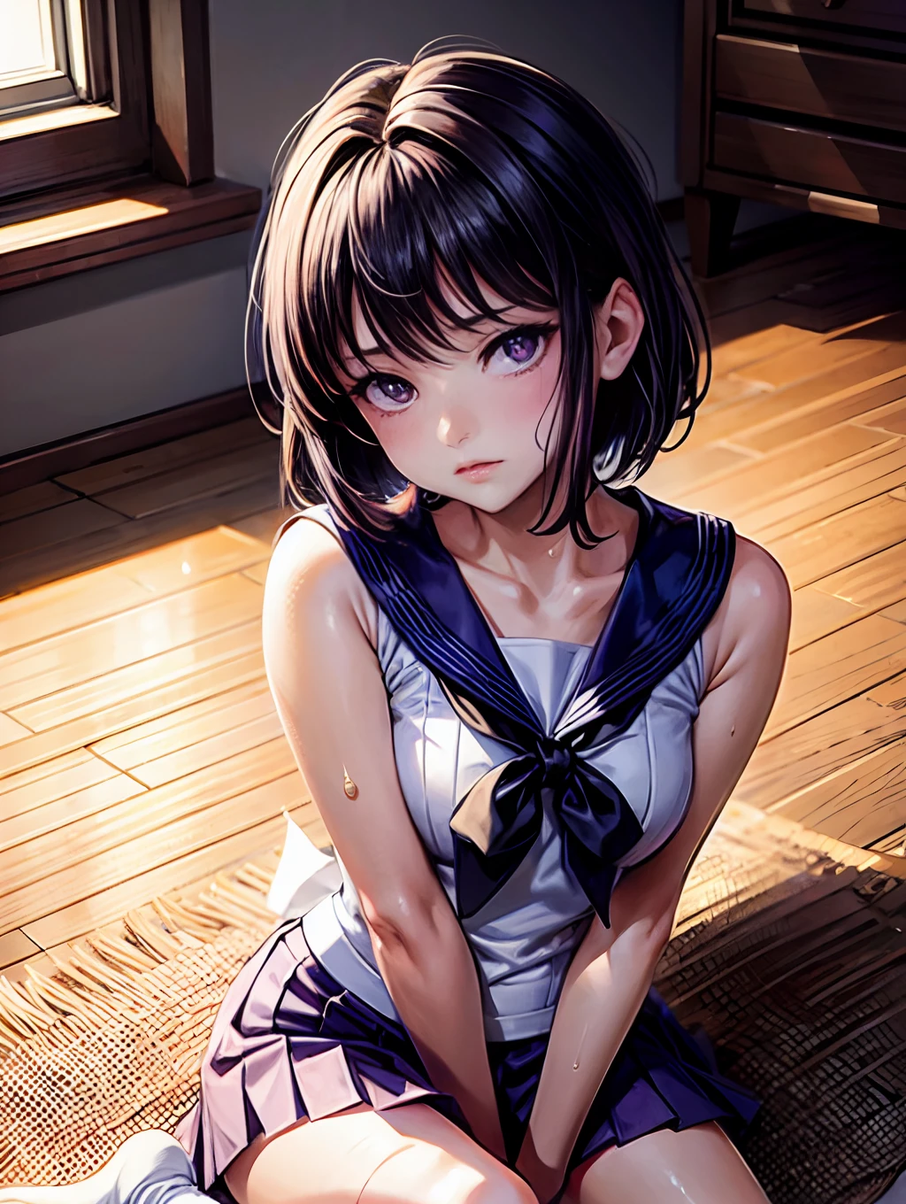 (8k、RAW Photos、highest quality、masterpiece:1.2)、(Realistic、Realistic:1.37)、Super detailed、超A high resolution、animation、1 girl、Pink nipples、Pussy、Beautifully detailed face、、beautifulディテールの肌、whole body、Professional Lighting、loose socks、Face in pain、((ayukawa madoka)), (beautiful, fine grain)、Green Eyes、(Blue Hair、semi-long、Parted bangs)、Are crying、Big eyes、Spread your legs、classroom、On all fours、virgin、Rear view、beautifulおしり