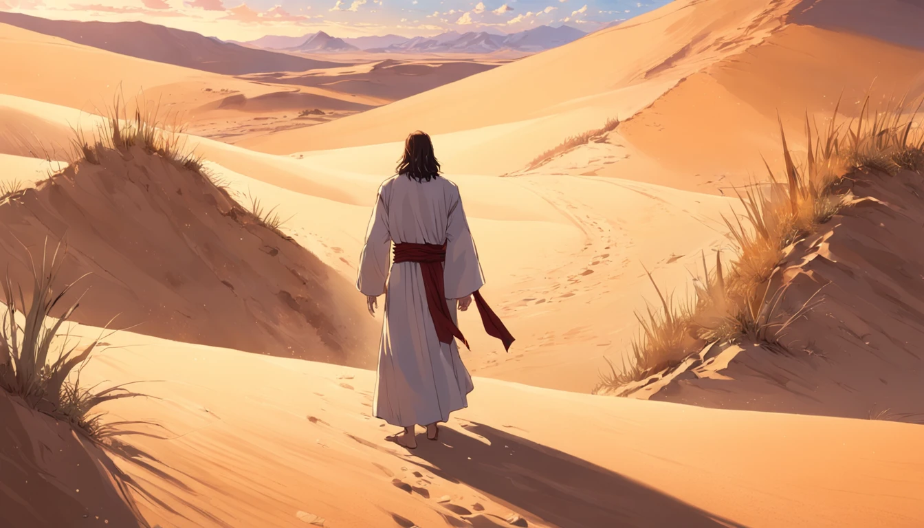JESUS COVERSANDO COM ANJOS EM UM DESERTO COM MONTANHAS