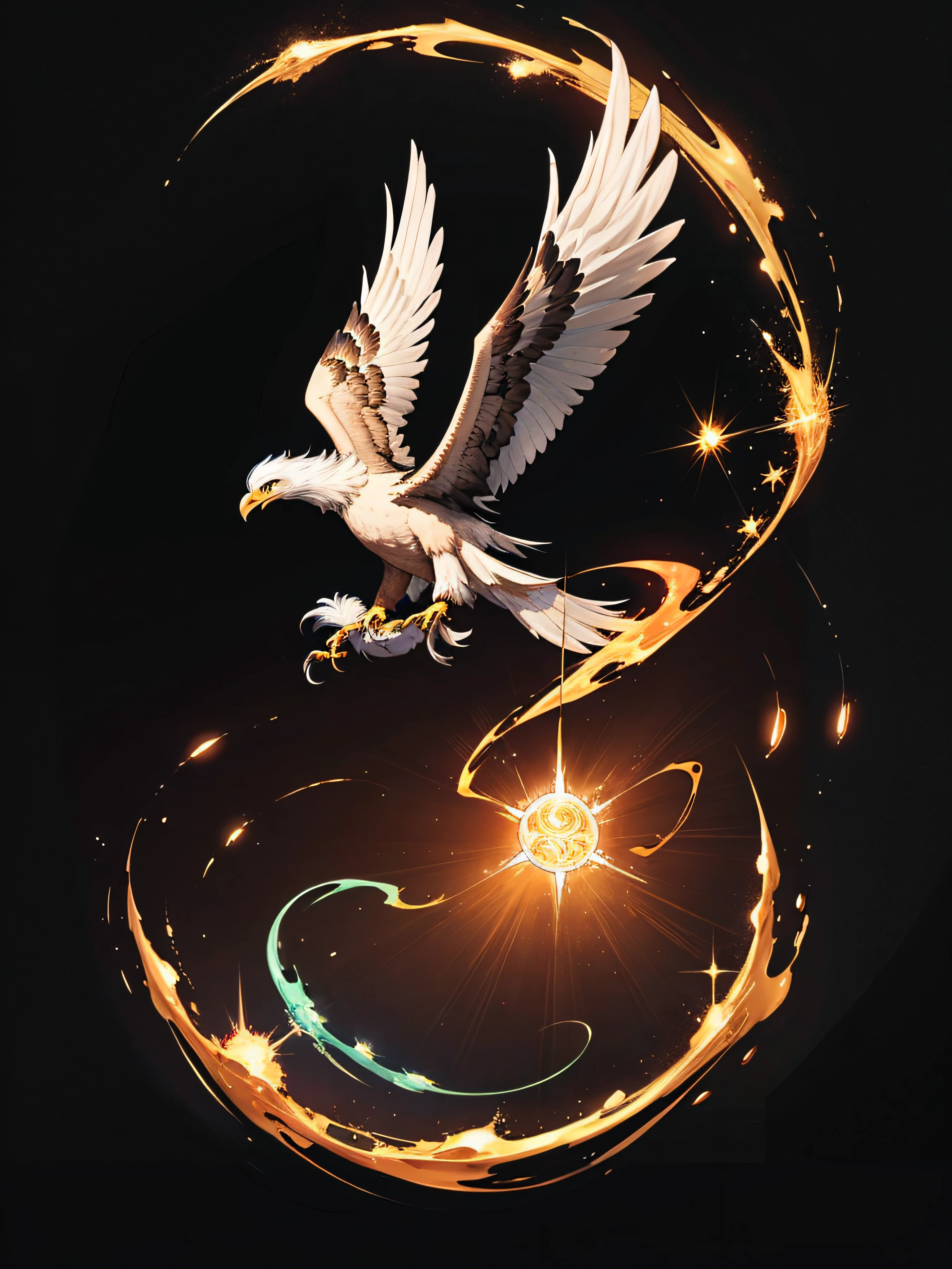 a painting of a colored eagle on a black background,, breathtaking rendering, within a radiant connection, inspired by Kinuko Y. Craft,, magical elements, kitten icon, wow, is beautiful, casting a multi colorful spell, bright flash, flash