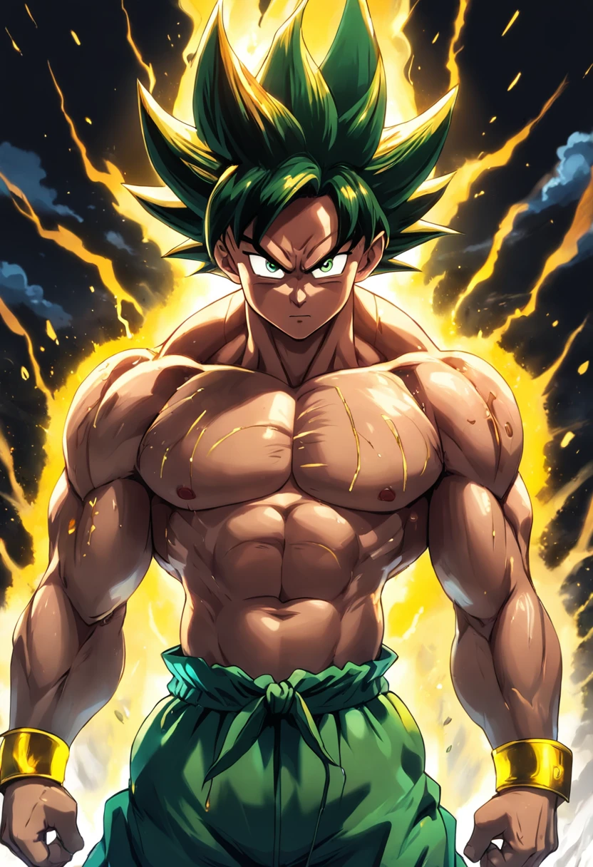 Goku, corpo inteiro, cabelos verdes, Sem camisa, estilo anime, pele amarela brilhante, super musculoso, fundo branco, dando soco, gritando