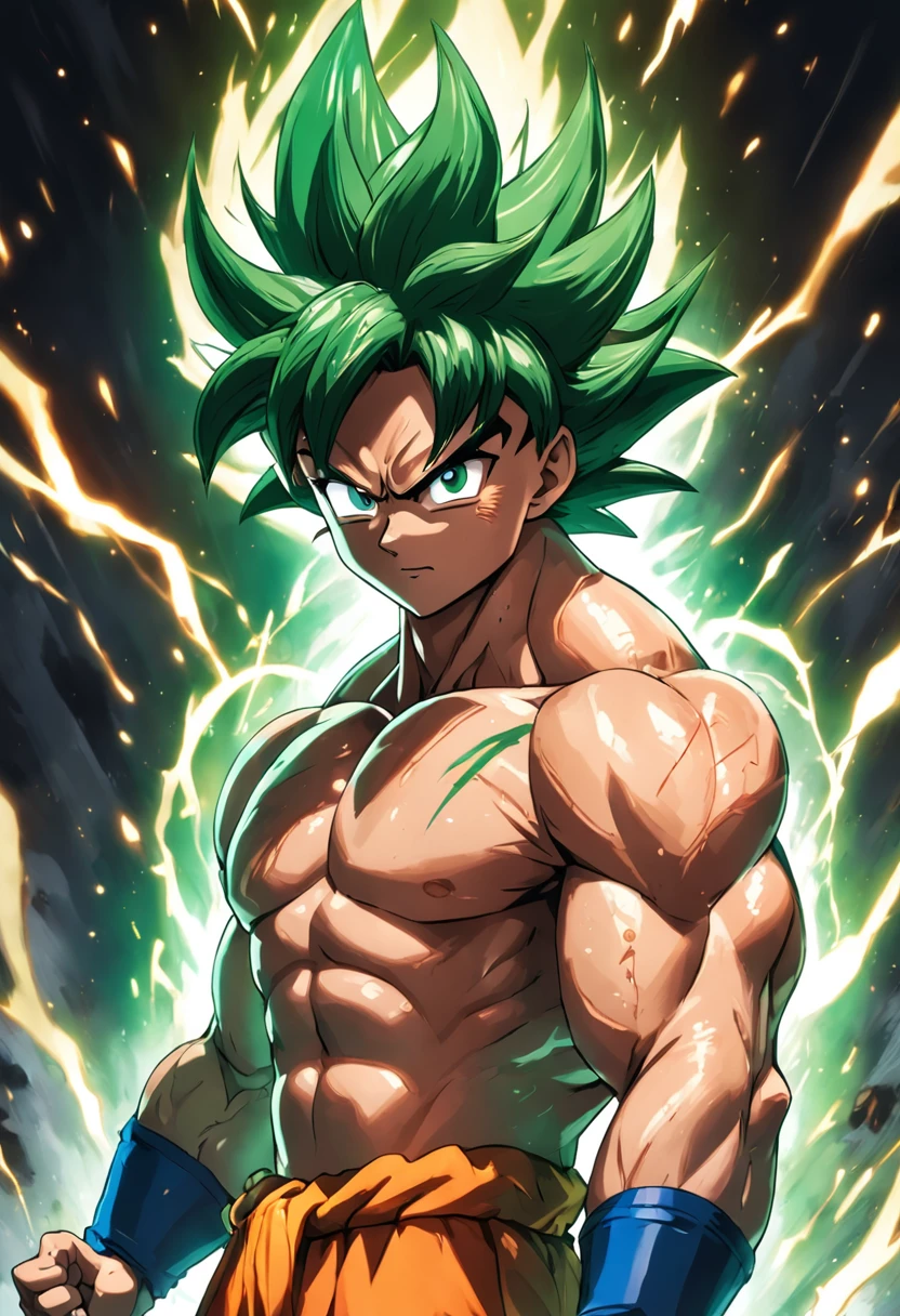 Goku, corpo inteiro, cabelos verdes, Sem camisa, estilo anime, pele amarela brilhante, super musculoso, fundo branco, dando soco, gritando