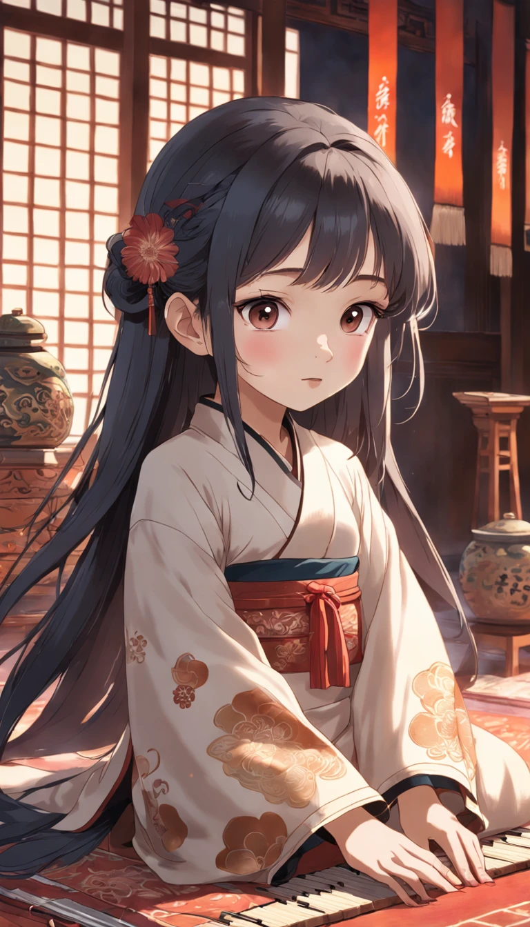 Full body, Very young girl sitting on carpet doing guzheng,Oriental face,with highly-detailed facial features and cartoon-style visuals。