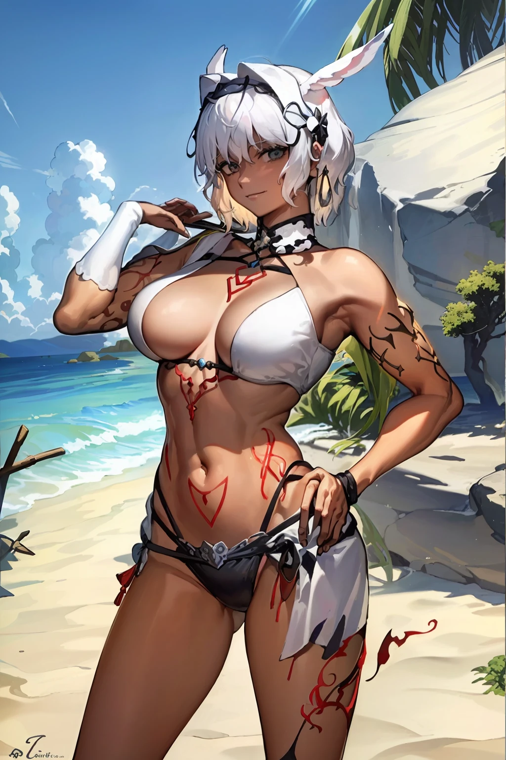 Tarot card, Caenis, , em uma praia, sorridente, sea behind the character, masterpiece, detailed body, masterpiece 4k,