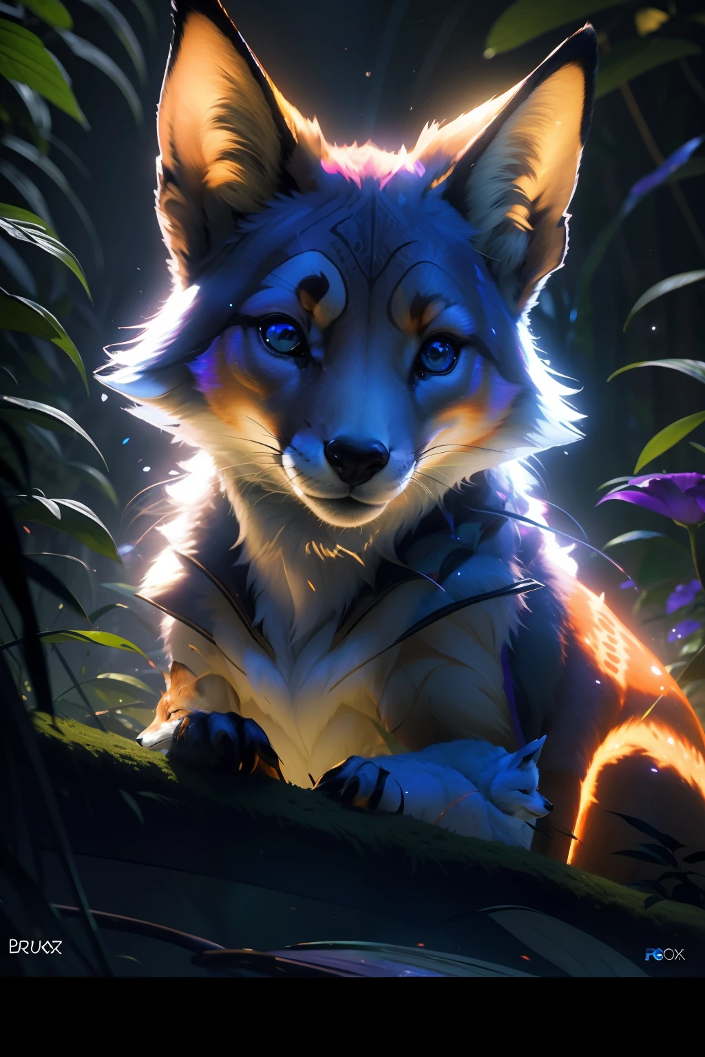 Raposa antropomorphic realista de cores vivas iriscente com olhos brilhantes e cauda brilhante, ultra realistic antropomorph ethereal fox, raposa digital iriscente, arte de fantasia digital colorida, arte digital luminescente, Arte digital altamente detalhada em 4k, 8k arte impressionante, Arte bonita UHD 4K, Arte digital detalhada em 4k,