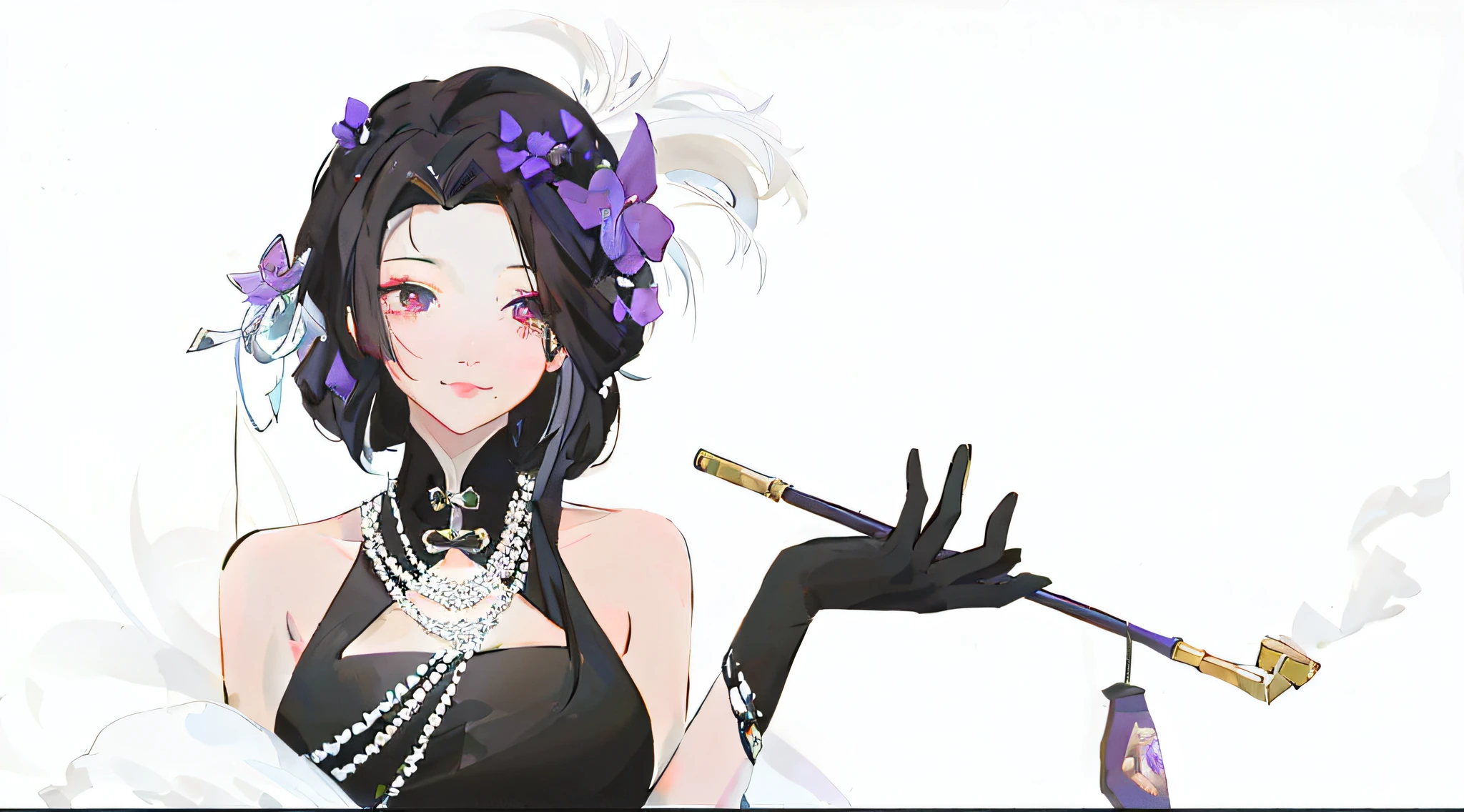 Anime girl holding a cigarette and necklace holding a cigarette, maya fey from ace attorney, from girls frontline, anime moe art style, black-haired mage, highly detailed exquisite fanart, (Anime girl), High Quality Anime Art Style, Guviz-style artwork, Anime girl wearing black dress, 1 7 - year - old anime goth girl