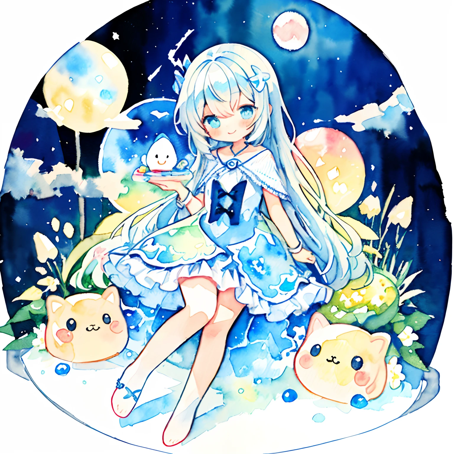 PastelColors:1.5)、(Cute illustration:1.5)、(watercolor paiting:1.2)、Light blue background、girl with、full body Esbian、A smile、Stranger、Pale yellow all over、Moya、marble、colourfull、jello、Jelly Girl、Dreams、nighttime scene、In a dream、fumo、happiness、Dressed in a dress、1girl in