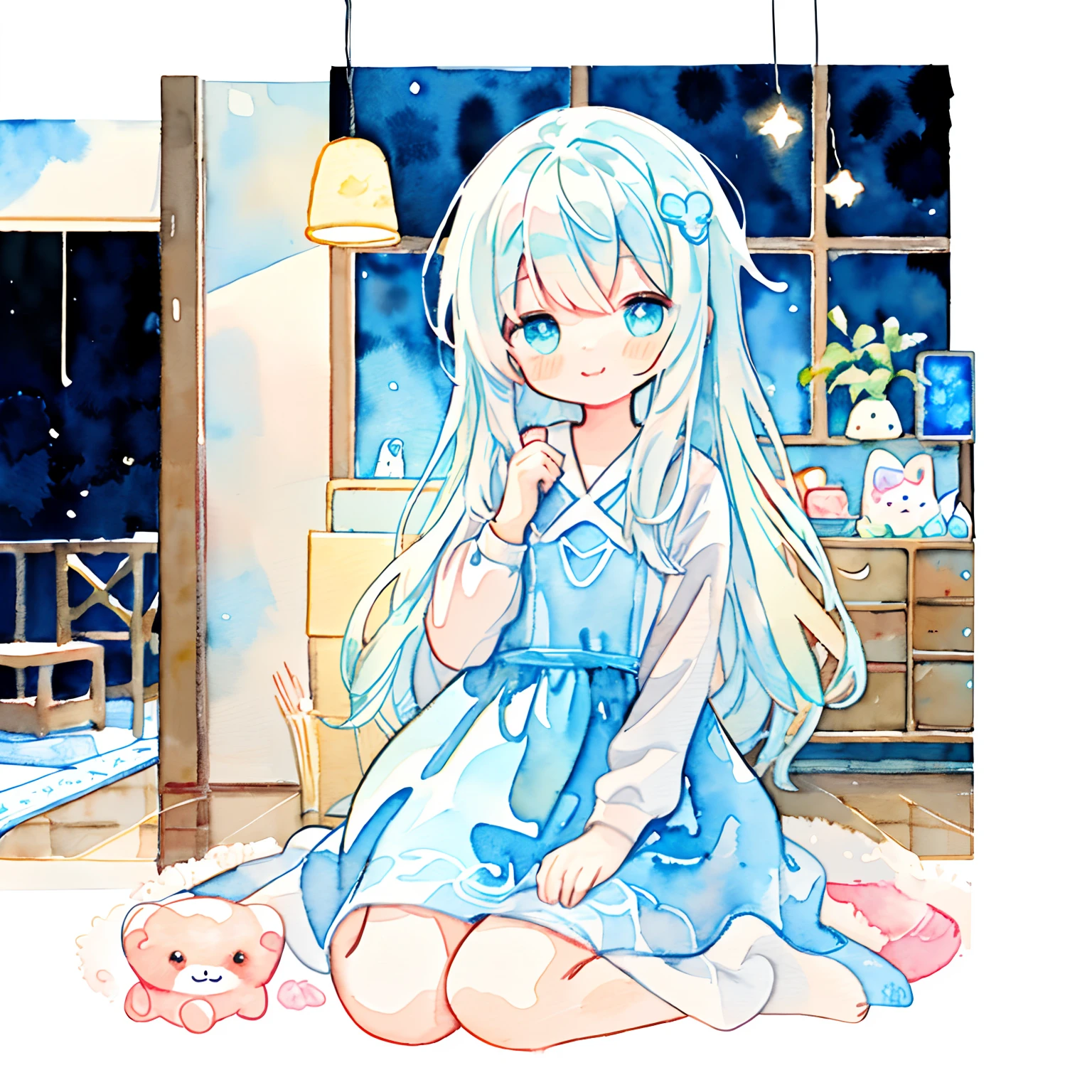 PastelColors:1.5)、(Cute illustration:1.5)、(watercolor paiting:1.2)、Light blue background、girl with、full body Esbian、A smile、Stranger、Pale yellow all over、Moya、marble、colourfull、jello、Jelly Girl、Dreams、nighttime scene、In a dream、fumo、happiness、Dressed in a dress、1girl in