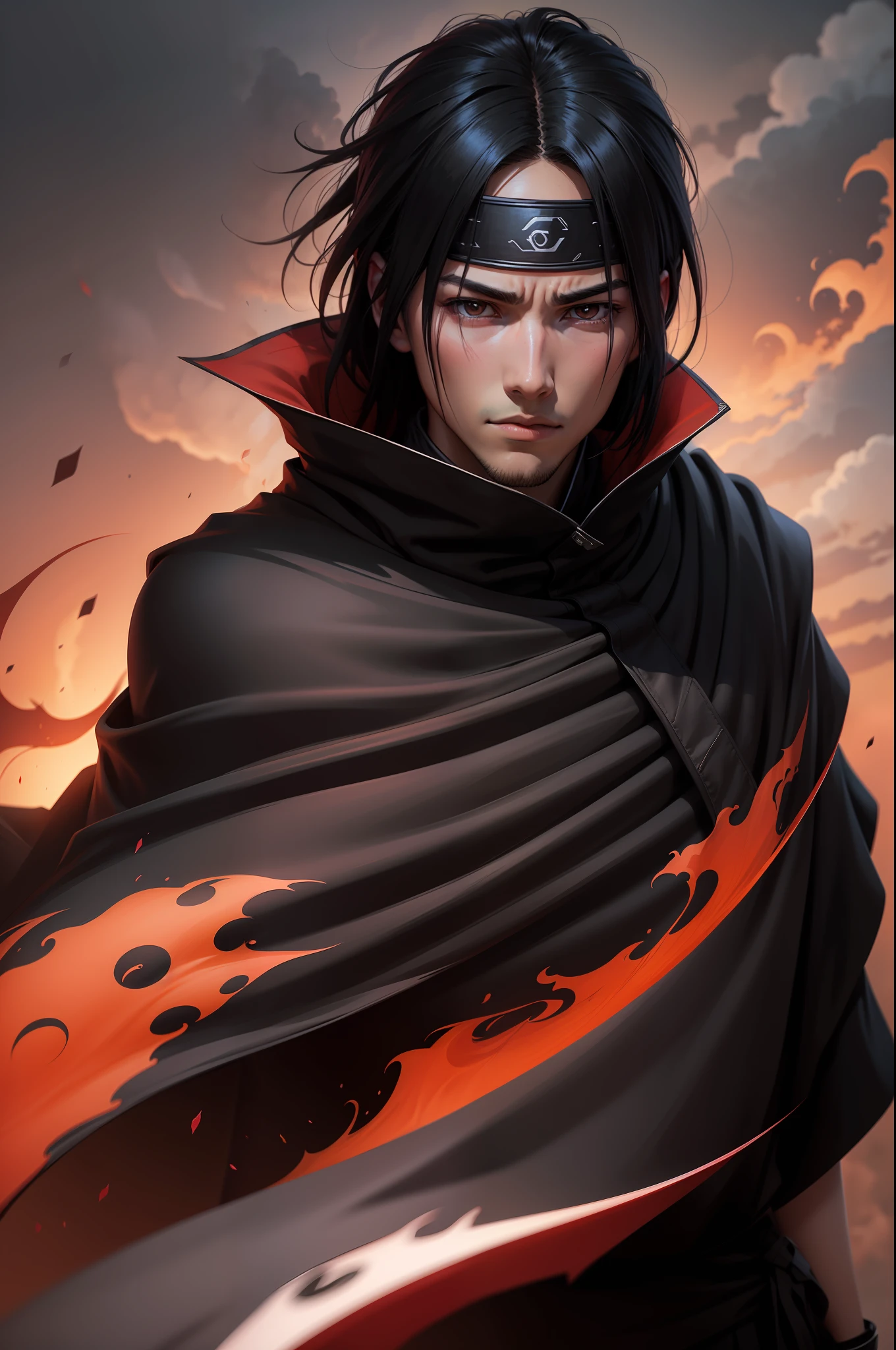 there is a young man covered in black cape with red cloud drawing, itachi uchiha, itachi, akatsuki akira, itatchi uchiha, epic digital art illustration, shinobi, naruto artstyle, pain from naruto, no headband