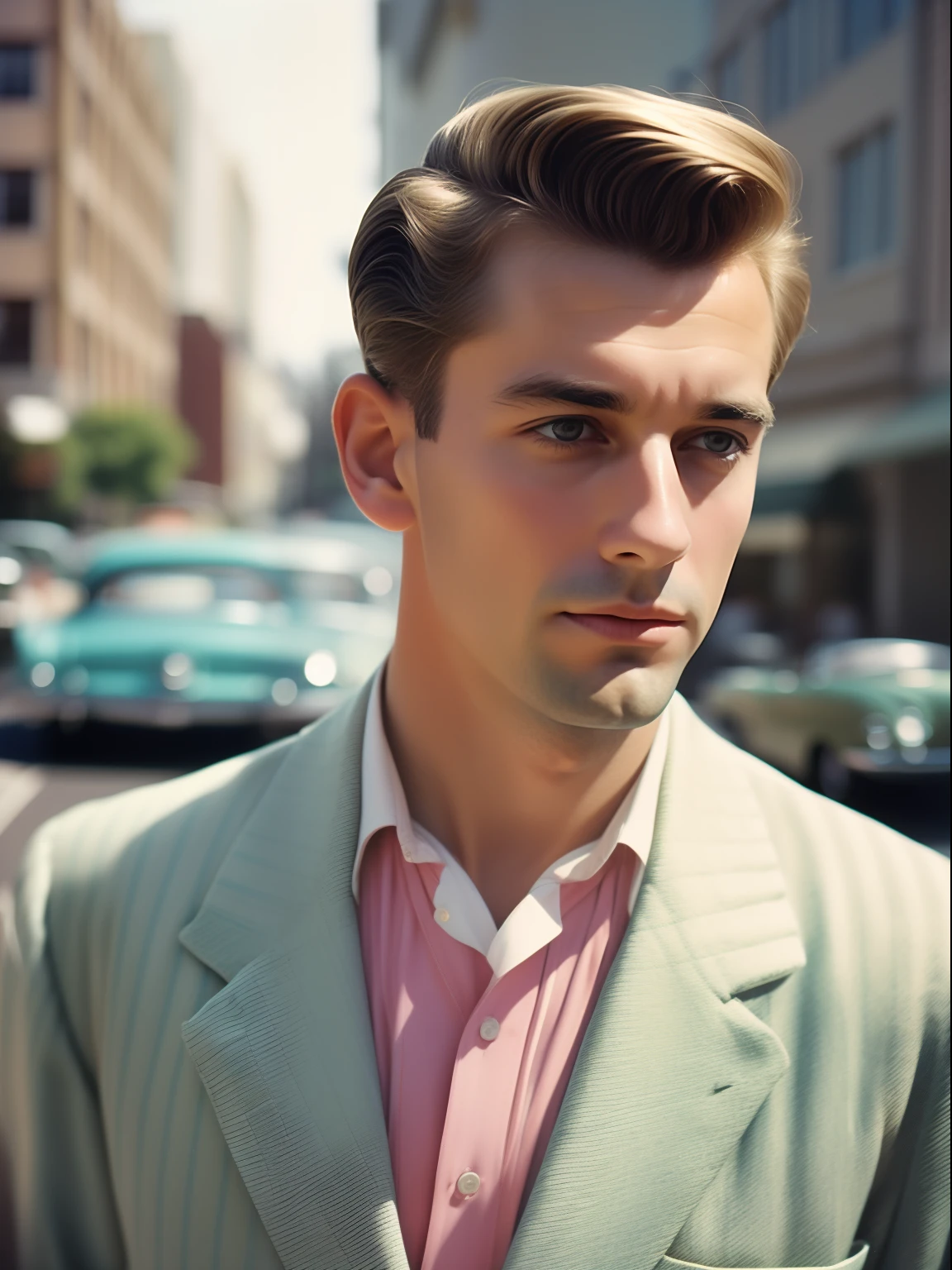 Portrait of a man, Wearing a pastel suit, The photo was taken with an analog camera in the 1950s. Person wearing traditional 50s style clothes々, Who has a traditional 50s haircut々, Photo by William Eggleston, Appearance of the 50s, Highly detailed, slightly faded pastel colors, Slightly blurred, Slightly grainy, film photography