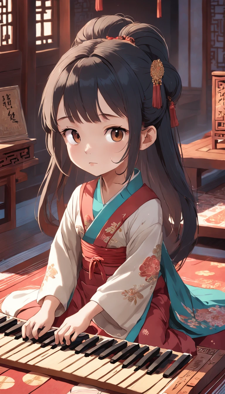 Full body, Very young girl sitting on carpet doing guzheng,Oriental face,with highly-detailed facial features and cartoon-style visuals。