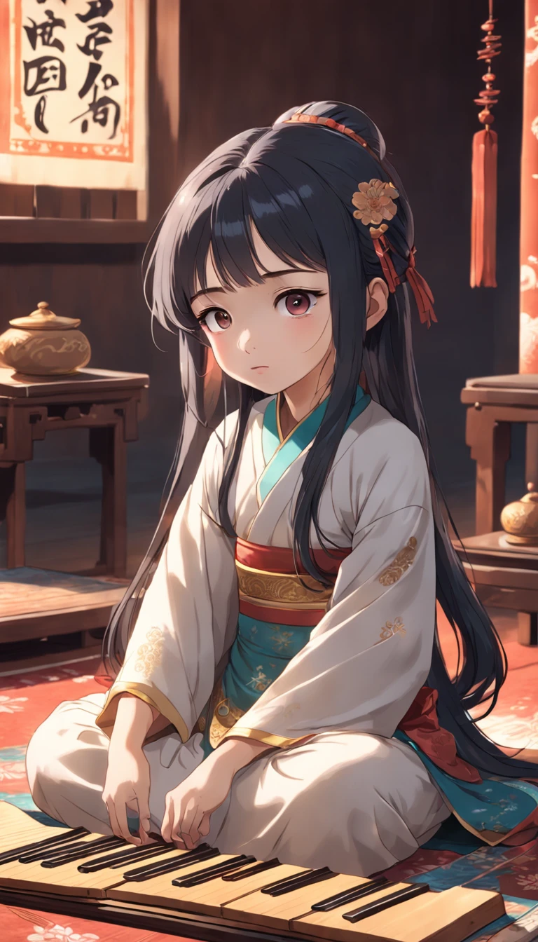 Full body, Very young girl sitting on carpet doing guzheng,Oriental face,with highly-detailed facial features and cartoon-style visuals。