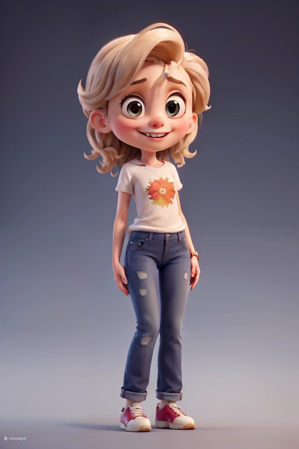 cartoon caricature, adorable,  a girl big eyes, smiling,White background, her hands in a graceful ballet pose, wearing long jeans and shoes, little ears, full body,  intense colors, super-valuable details, intricate details, volumetric lighting, digital art, 8k, trending on artstation, clear focus, complex details, high detail, greg Rutkowski big eyes on wet leaves, high resolution,