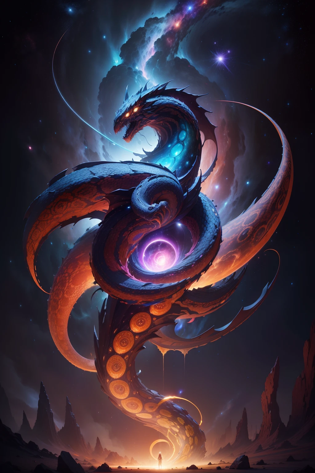 In a dimension where stars collide, the legendary Orochi serpent emerges as an embodiment of celestial fury. Its body is a symphony of radiant colors, mirroring the birth of stars. Its eyes blaze with cosmic fire, and tendrils of energy arc around its form like ethereal lightning. The serpent's presence muito graciosa que está emitindo sons coloridos de ultrassomcommands both awe and fear, as it harnesses the power of the cosmos itself, Amidst a cosmic maelstrom, where galaxies spiral and stars explode, the serpent reigns supreme, Epic, cataclysmic, and transcendent, evoking the power of celestial forces.Style: Ultra-realistic digital painting with intricate details and a dynamic interplay of colors.Execution: Rendered in a hyper-realistic style, using advanced digital techniques to capture the complex interstellar environment and the serpent's celestial energy, de corpo inteiro, detalhes muito altos, 8K, profundidade de campo, fotografia behance , cinematic color grading, c