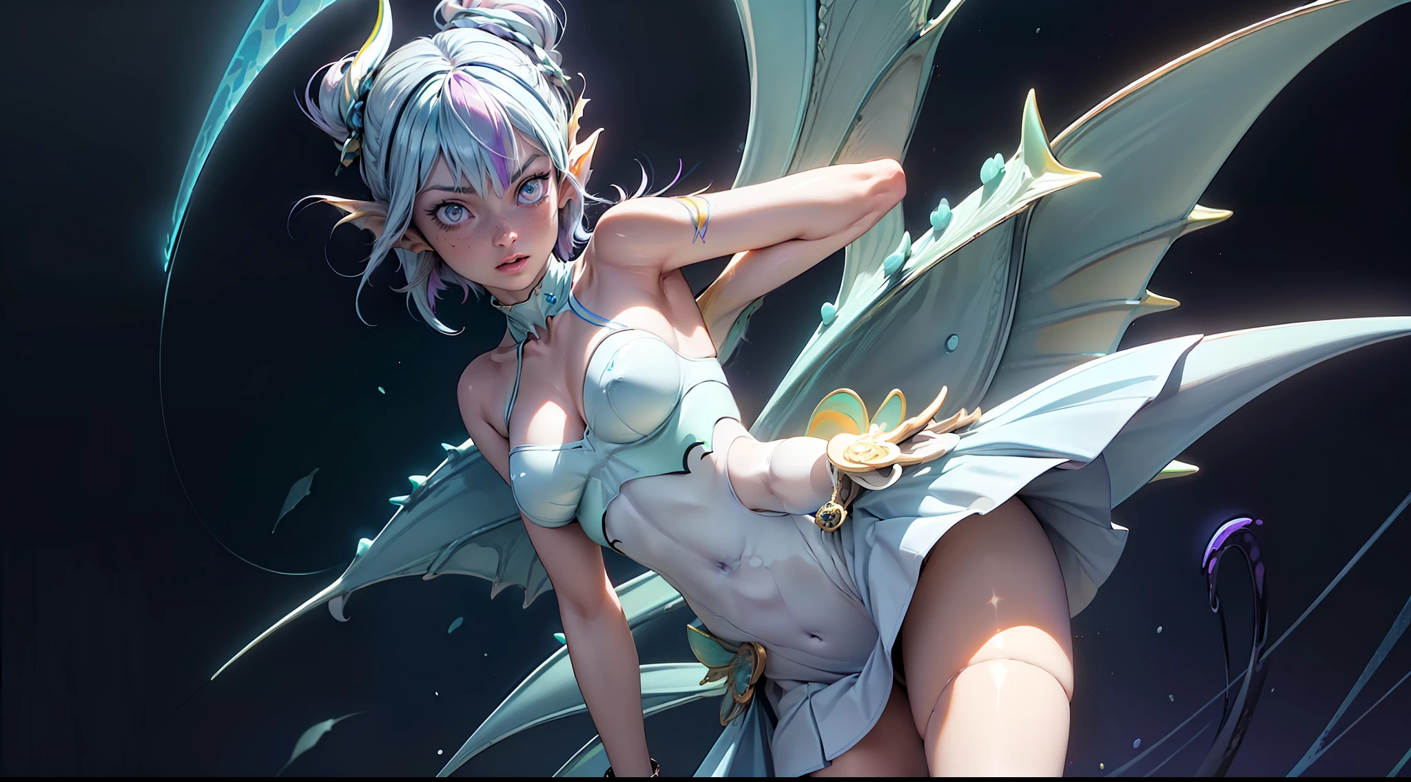 aqua {amphibia|fish|shark|reptile} girl, 1girl, perfect and well designed glowing shiny eyes, (beautiful detailed eyes:1.05), natural breasts, slim body, beautiful and delicate face, (face detail), ((realistic face)), pores, ((pale blue skin)), detailed skin, realistic skin, (((bioluminescence))), (((white-skinned))), ((shiny skin)), ((glowing speckles on skin)), (pointy ears), (fins:1.7), (spikes:1.5), (multicolored gradation skin), ((((blue scales body)))), human face, ((monster girl)), medium length hair, hair voluminous, (((((multicolored gradation hair))))), super high resolution, 8k, parameters Best quality, (masterpiece:1.4), (magic accessories:1.4), bracelets, extremely detailed thick tight ({nylon|lycra|latex|vynil}:1.2) colorful (green, purple:1.4) clothing, (microskirt:1.4), (standing nipples under cloth:1.15), (cameltoe:1.3), (ornaments on clothing), (neckline:1.3), (cleavage), decolette, navel, Young Girl, Little Beast, (Smile:0.7), (pale Blue Skin:1.8), ((tattoos all over body, Tribal tattoos all over legs)), ultra detailed, photorealistic, ((Real image)), (best quality:1.4), super high resolution, (Realistic 2.0), More details, (((1girl))), (on beach), (sunlight, sun day:1.3), (beautiful and aesthetic:1.2), (fractal art:1.4), (cinematic light:1.1), DUTCH ANGLE, 16K, HDR, RTX, Ray Tracing, Radiosity, Anisotropic Filtering, Subsurface Scattering, (((magic lights))), metallic reflections, Detailed, Realistic, 4k highly detailed digital art, (cool_color), extremely detailed CG unity 8k wallpaper, vibrant colors, (((seductive pose)))