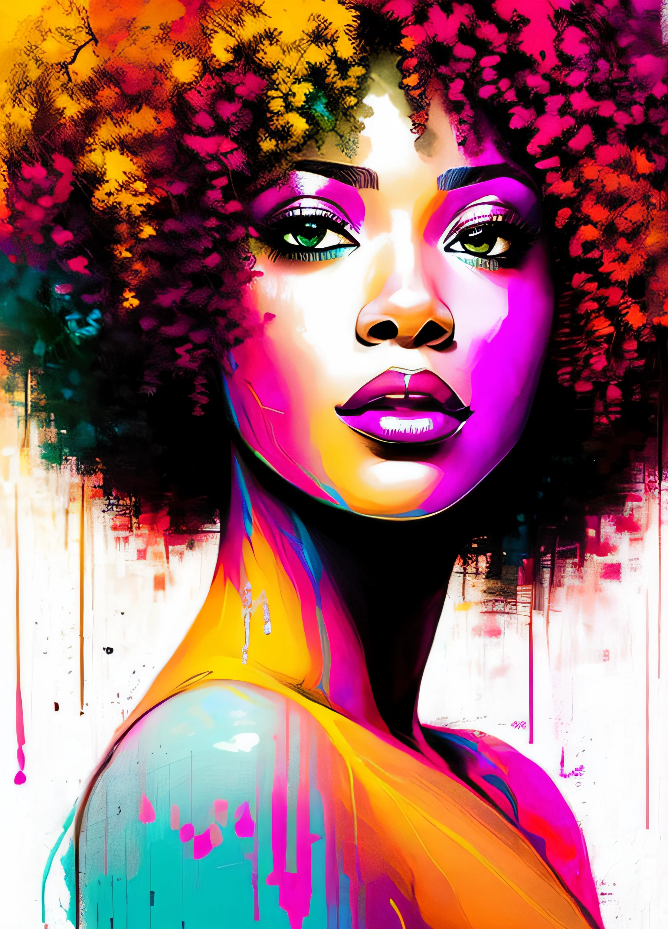 a painting of a sexy afro woman, completely nude, attractive, (25 years old), beautiful face, ((turn around and look back)), on a geometric background with square and rectangles, abstract, colorful, a bit blurry, Graffiti por Carne Griffiths, Behance, grafity, chromatic, Artwork, cores vibrantes