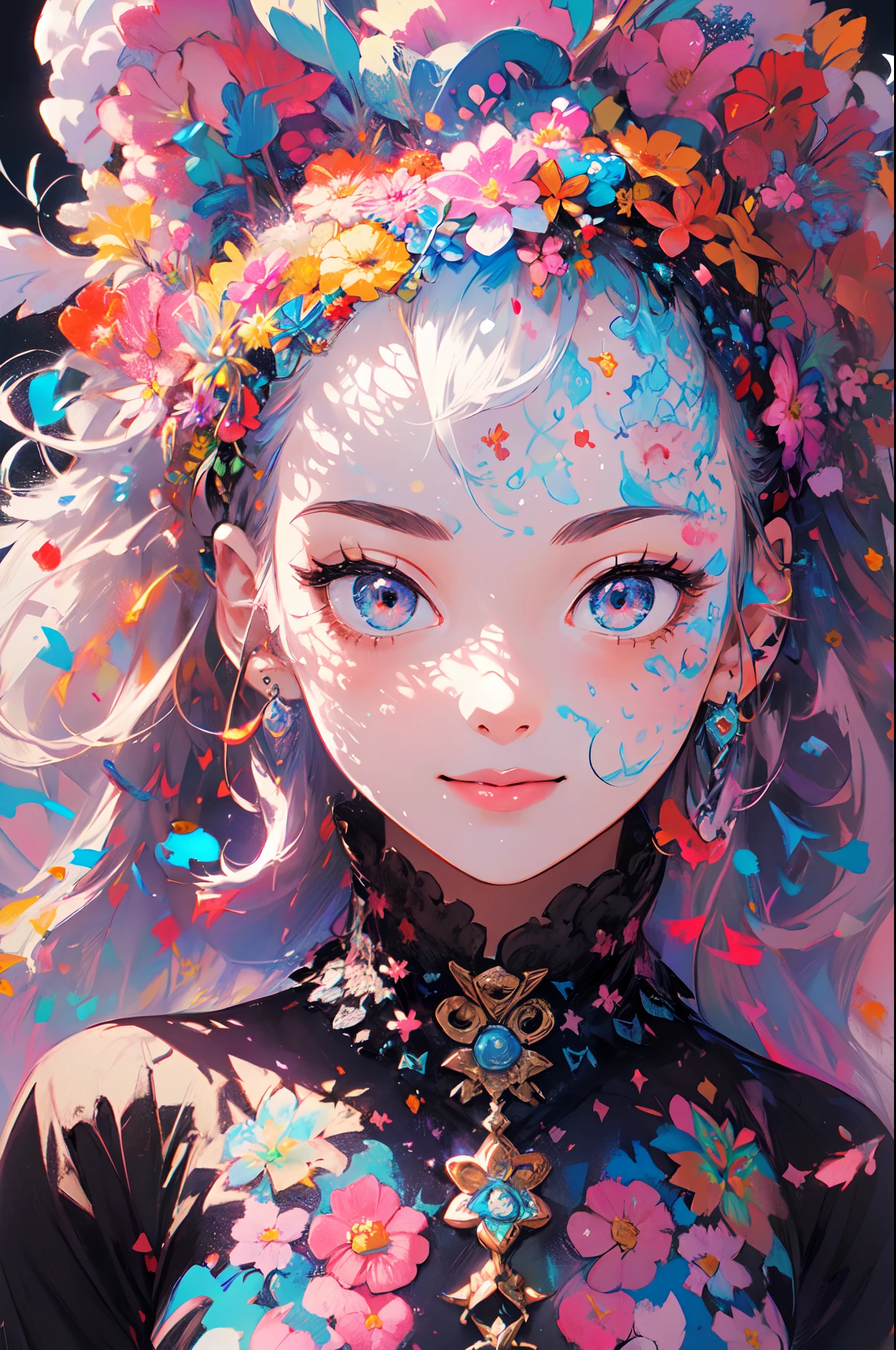 ((flowercrown)),Contemporary art created by tracing traces of colorful ink、masterpiece、ultra-detailliert、pop-art、innocent smiles、eye glass、(1 girl, Solo:1.6),(Cute smile), (Best Impact:1.5), (maximalism:1.7), Vivid contrast, (Realistic), hyperrealistic illustrations, hight resolution, ultra-detailliert, absurderes,(Fractal Art:1.3)、Random hairstyle、Random hair color colorful、FULL BODYSHOT、Retro、Precise focus、randome pose、cinema4d、Drama