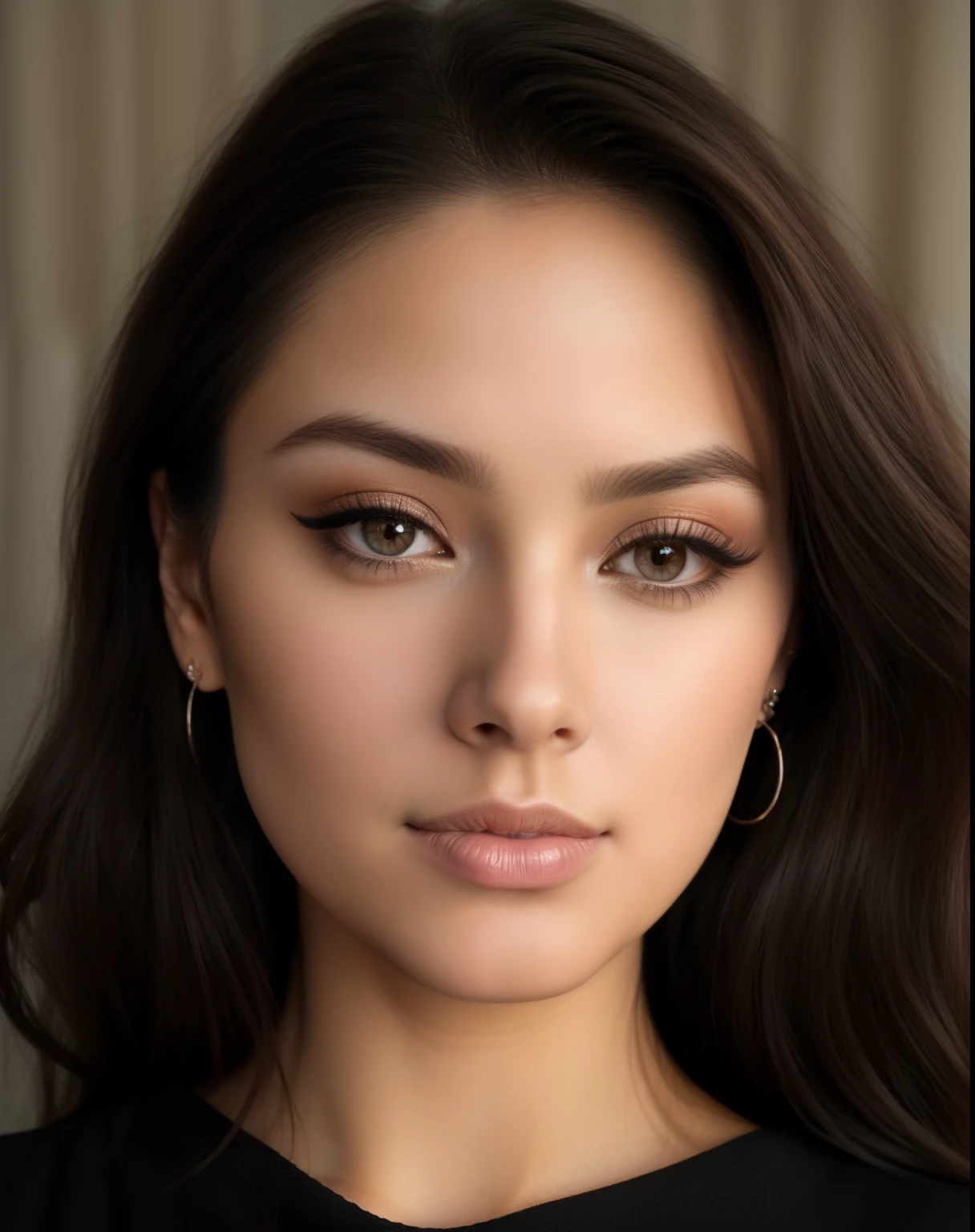 a close up of a woman with long hair and earrings, soft portrait shot 8 k, full face close up portrait, detailed perfect face, detailed and perfect face, subtle makeup, detailed flawless face, finely detailed perfect face, full - face close - up portrait, perfectly lit face, perfect detailed face, real detailed face, soft flawless pale skin, ultra detailed portrait