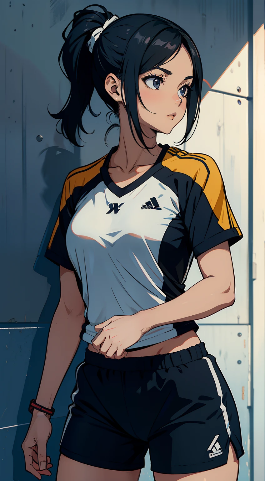 a close up of a person wearing a basketball uniform, a picture, inspired by Kentaro Miura, trending on pixiv, Kugisaki Nobara, Jujutsu Kaisen, wearing yellow nba jersey, yellow croptop nba jersey, wearing a low cut croptop, wearing croptop, croptop, golden raito, (winking), shirobako, large)}], favorite scene, fine details. anime. skins, sweating, big breasts, two hands up, armpits, armpits visible, dripping with sweat, more more sweat