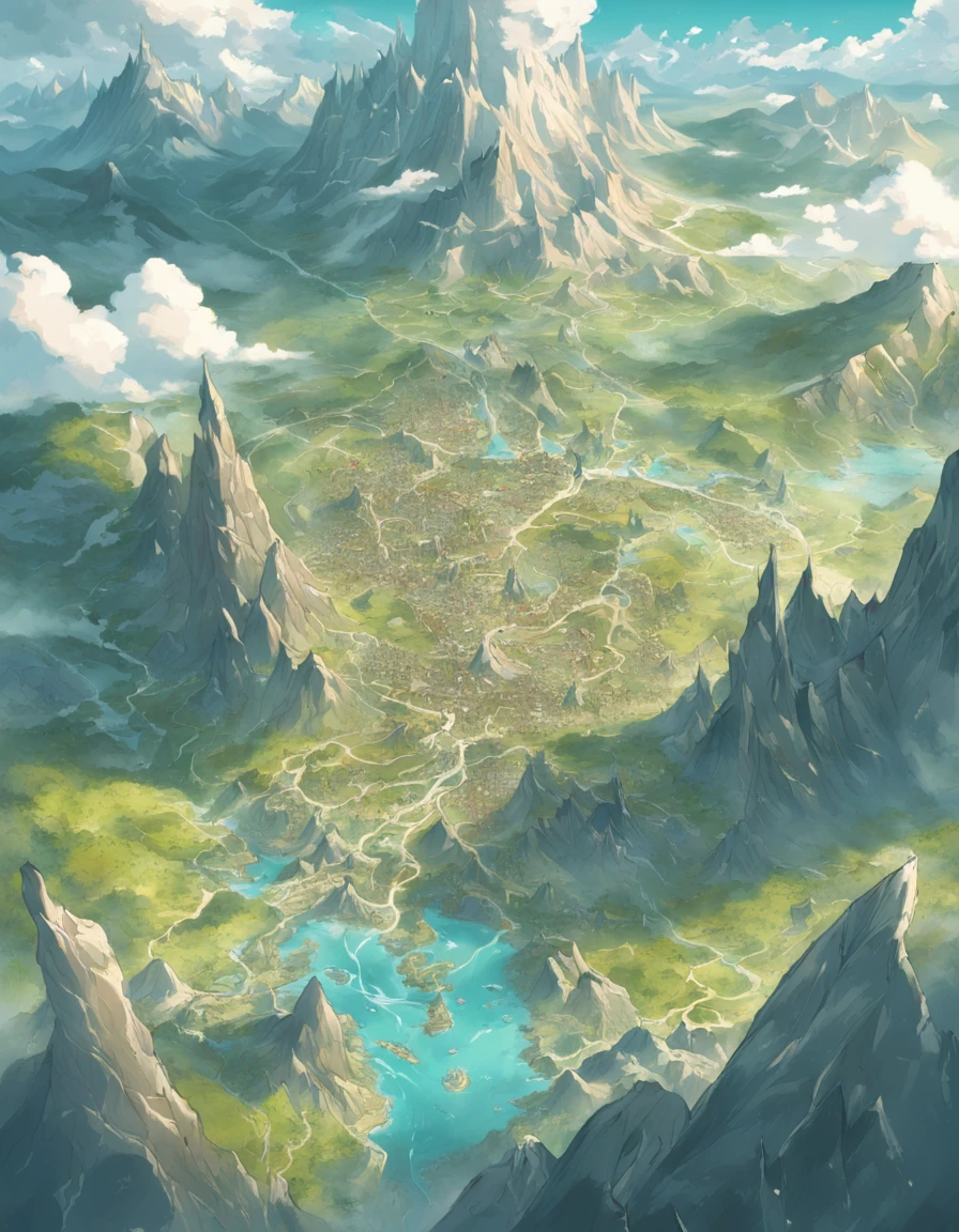 Map of a fantasy continent, In the middle of the map montains and hill,north is Land of Ice, west is desert, To the east is the forest, jungle, south is magma, vulcans