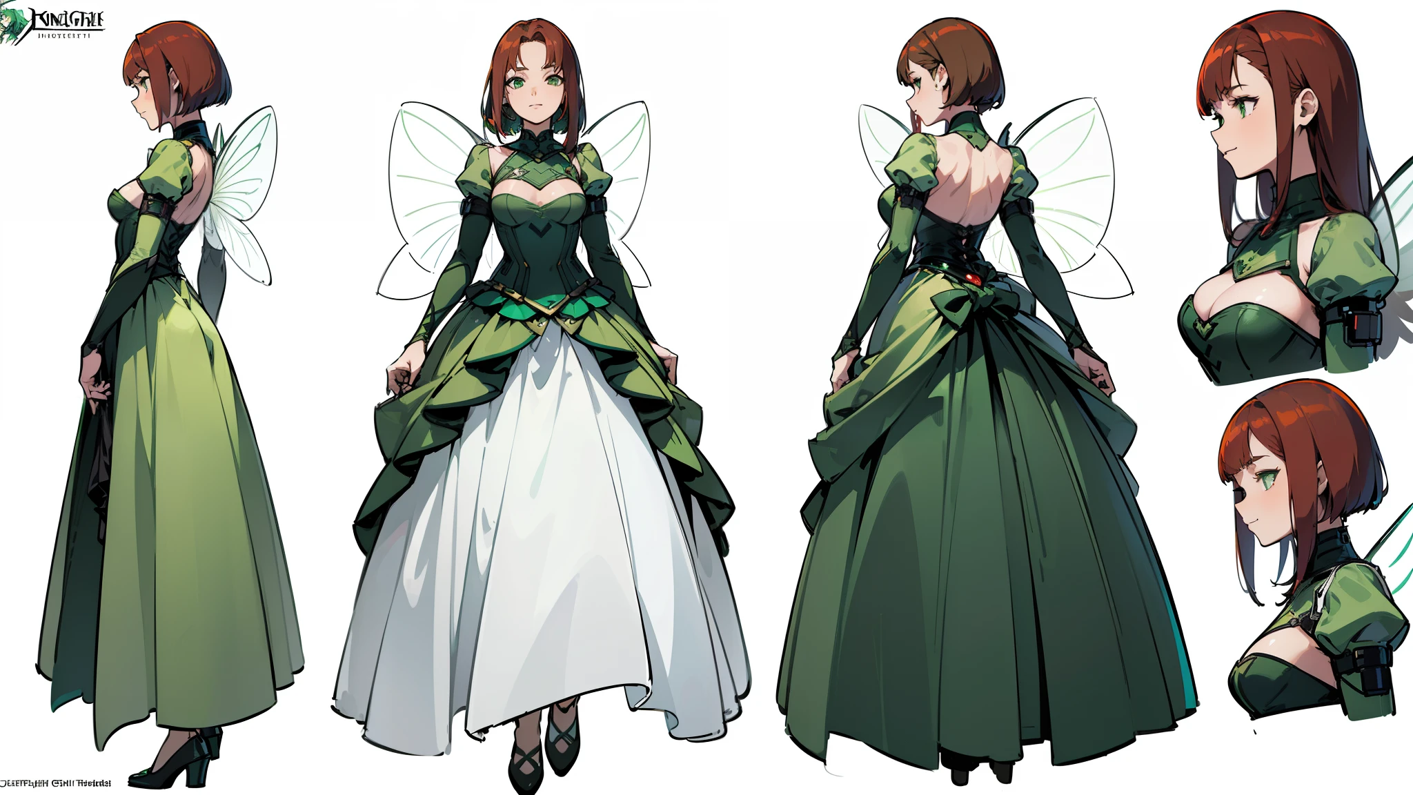 ((Best Quality)), ((Masterpiece)), ((Realistic)) 19 year old, redhead girl, shoulder length hair, relaxed happy face ((slender)) (busty), ((( light green fairy dress ))) (((tight skirt))) ((sexy )) cyberpunk attire, textured pixie haircut (((detailed character sheet, frontal view, side view, three quarter view))) (((white background))) 6 and a half heads full body