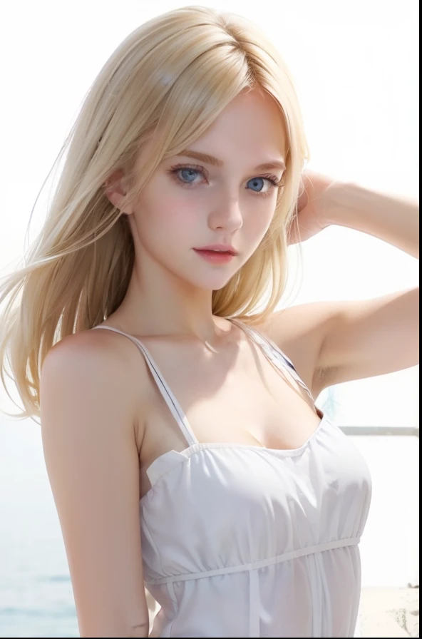Nordic beauty、Beautiful blonde hair、clear pale blue eyes、FULL BODYSHOT、Beautuful Women、16 years old women、Neat and clean uniform、Dainty and classy cute girl、Girl in cute clothes in random colors、Full Body Angle、expressioness、smil、White skin、Random hairstyles、Silk dress