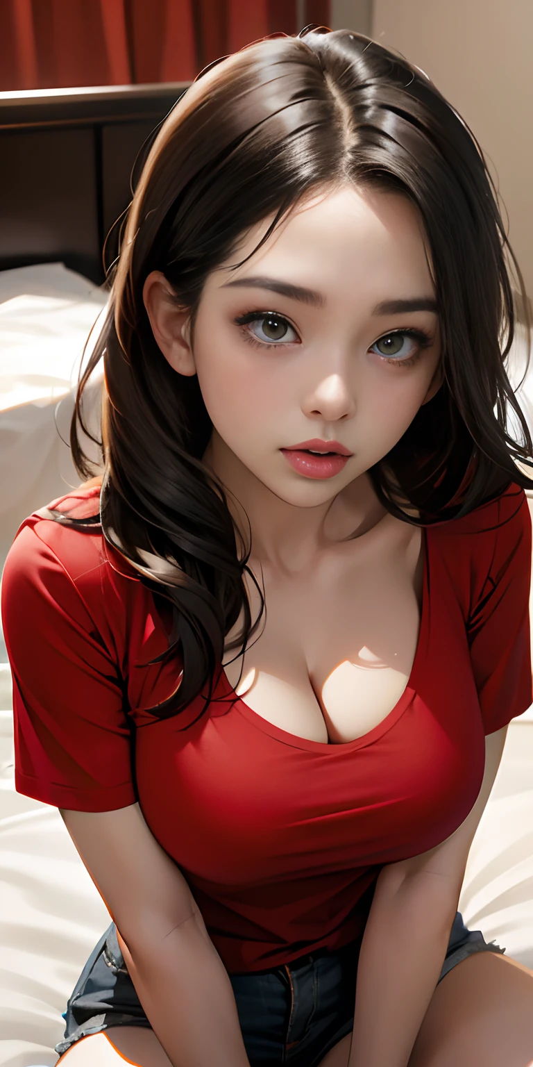 realisticlying,16 year old girl,Ghanaians、Face Real,I lust with my mouth wide open,Wearing a red T-shirt、sit on a bed、Look straight up and look at us、Cleavage emphasis,Breasts enlarged,Cleavage emphasis,(Super large zoom of chest)、sexly