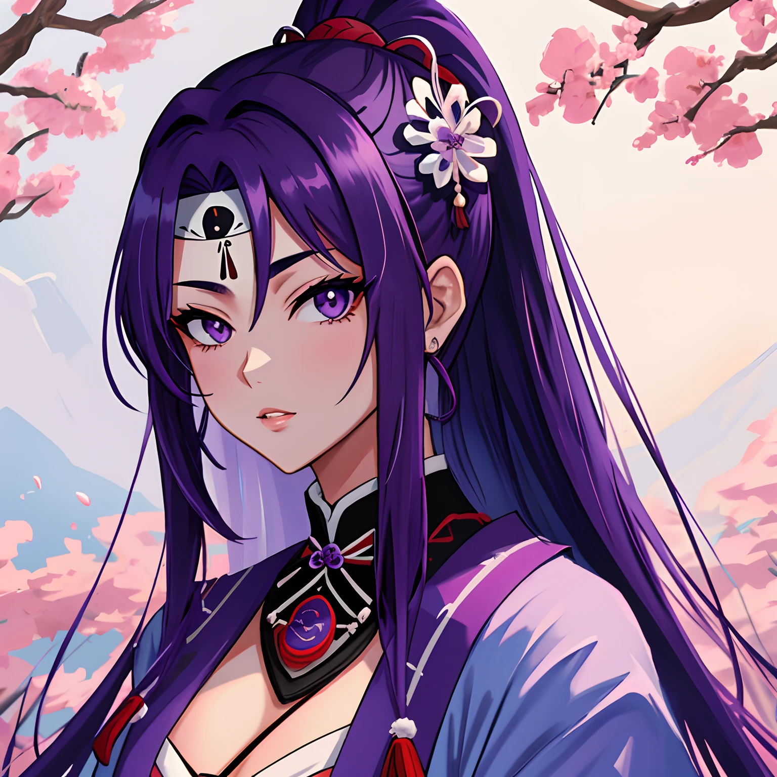Samurai, mulher ocidental, mulher bonita, mulher jovem, mulher branca, Branco_Woman, mulher de cabelo roxo, purple_hair, uma garota samurai sexy, usando quimono samurai, long_hair, olhos cinzas, jardim de fundo, manga-style, rosto delicado