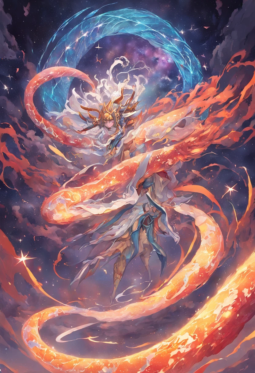 In a dimension where stars collide, the legendary serpent OroChi emerges as an embodiment of Celestial fury. Your body is a symphony of radiant colors, espelhando o nasCimento das estrelas. His eyes sparkle with Cosmic fire, and tendrils of energy revolve around his form like ethereal lightning. The presence of the very graceful serpent that is emitting Colorful sounds of ultrasound commands both astonishment and fear, How he harnesses the power of the Cosmos itself, In the midst of a cosmic maelstrom, where spiral galaxies and stars explode, A serpente reina suprema, epics, cataclysmic, e transCendente, Evoking the power of heavenly forces.Estilo: Ultra-realistic digital painting with intricate details and a dynamic interaction of colors.Execution: Renderizado em um estilo hiper-realista, Using Advanced Digital Techniques to Capture the Complex Interstellar Environment and Celestial Energy of the Serpent, de Corpo inteiro, detalhes muito altos, 8k, profundidade de Campo, Fotografia BehanCe , cinematic color grading, C
