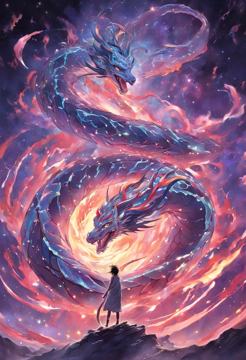 In a dimension where stars collide, the legendary serpent OroChi emerges as an embodiment of Celestial fury. Your body is a symphony of radiant colors, espelhando o nasCimento das estrelas. His eyes sparkle with Cosmic fire, and tendrils of energy revolve around his form like ethereal lightning. The presence of the very graceful serpent that is emitting Colorful sounds of ultrasound commands both astonishment and fear, How he harnesses the power of the Cosmos itself, In the midst of a cosmic maelstrom, where spiral galaxies and stars explode, A serpente reina suprema, epics, cataclysmic, e transCendente, Evoking the power of heavenly forces.Estilo: Ultra-realistic digital painting with intricate details and a dynamic interaction of colors.Execution: Renderizado em um estilo hiper-realista, Using Advanced Digital Techniques to Capture the Complex Interstellar Environment and Celestial Energy of the Serpent, de Corpo inteiro, detalhes muito altos, 8k, profundidade de Campo, Fotografia BehanCe , cinematic color grading, C