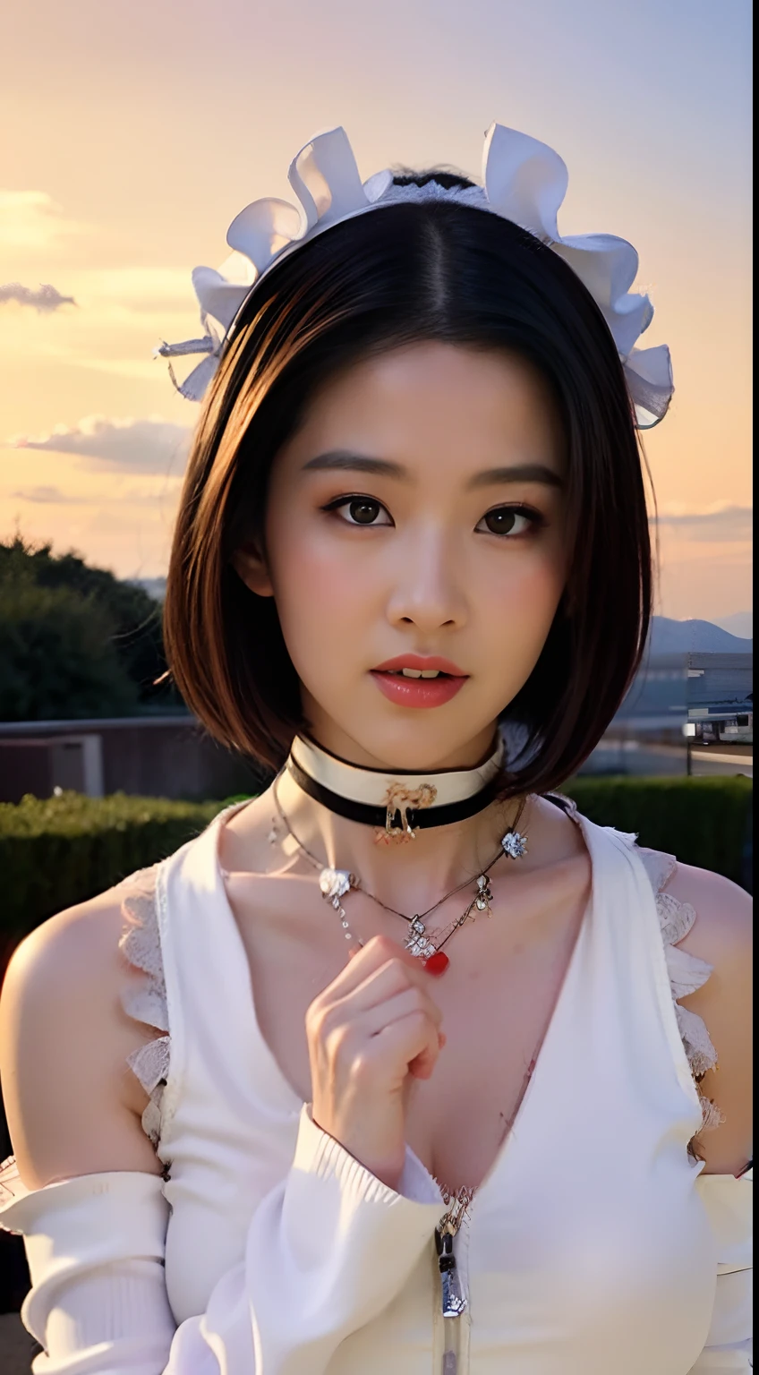 En plein air,Sunset, Twilight,, Castle,Red_sky,Sunlight, Sunrise, back lit lighting,Cloud, Cloudy_sky,mountainous_horizon, Orange_sky,
Standingatattention,(Close-up),
Black dress ,maid headdress, maid apronl, Maid dress,White collar ,necklace,Long_Sleeves,
maid,鎖骨,choker necklace,fingerless_mitts,
Yellow_Blonde_Hair,Blue_Eyes,short_Hair,Hair_Bun,bangs,Makeup, lipstick,eyeslashes,
1 girl, 30 age old,Mature female,Beautiful Finger,Beautiful long legs,Beautiful body,Beautiful nose,Beautiful character design, Perfect eyes, Perfect face,
view the viewer,
NSFW,offcial art,Extremely detailed Cg Unity 8K wallpapers, Perfect lighting,Colorful, Bright_Front_face_lighting,
(Masterpiece:1.0),(Best_quality:1.0), 超A high resolution,4K,Ultra-detailed,
Photography, 8K, hdr, A high resolution, absurderes:1.2, Kodak Portra 400, filmgrain, The background is blurred out, Bokeh:1.2, Lens flare, (vibrant_Color:1.2)
(Beautiful,Huge_Breasts:1.6), (Beautiful_face:1.5),(Narrow_waistup),