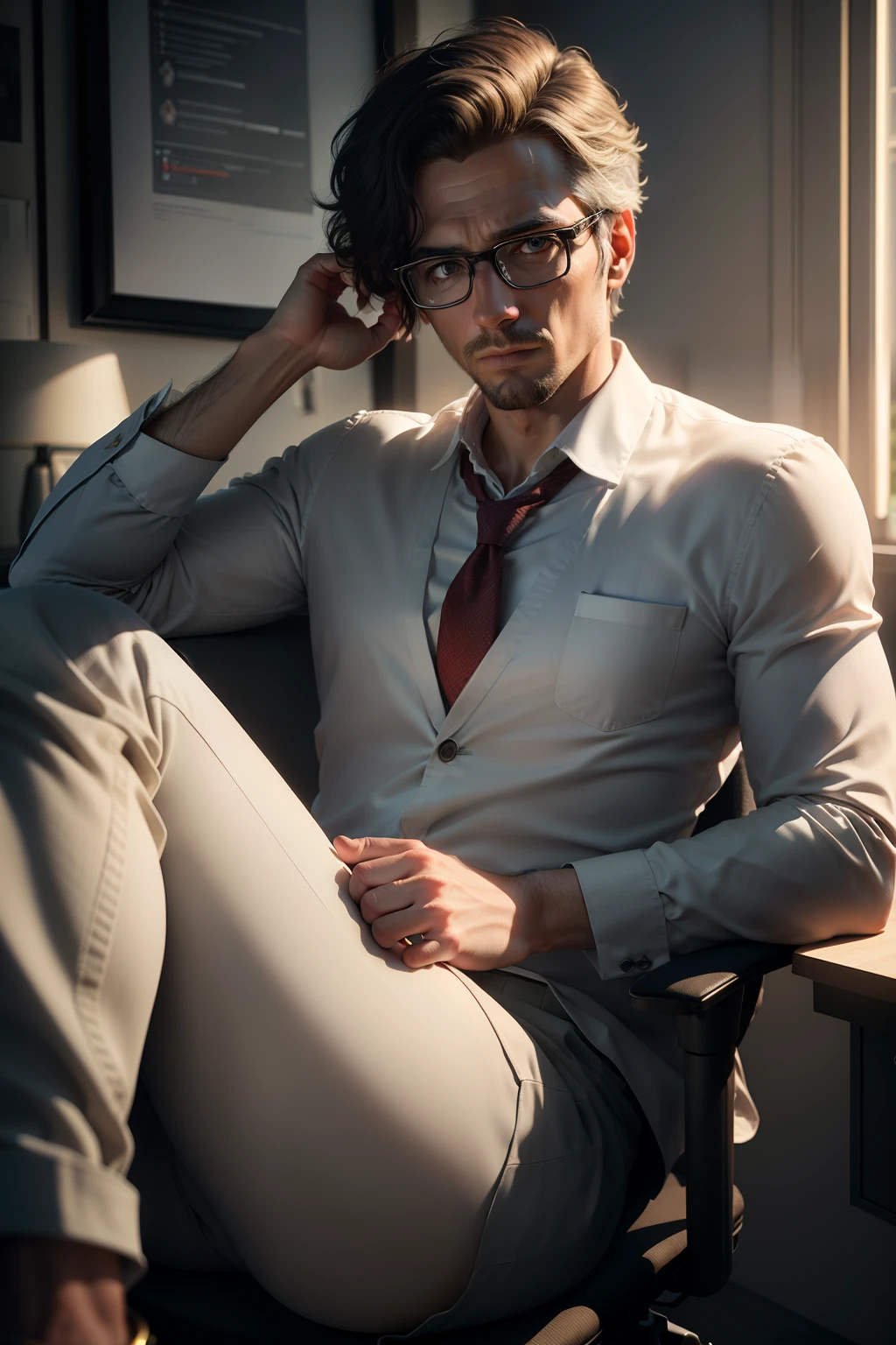 (Professional 3D rendering:1.3) de (Realistic:1.3) (Um homem) World's Most Beautiful Art Photo Describe an extremely realistic image of a lawyer in his office that looks so convincing that it could be a photograph. Give minute details about the scene, including lighting, os reflexos nos objetos, the textures of clothes and materials in the office, the lawyer's facial expression and all the elements that would make the image indistinguishable from a real photograph. Convey the sense of authenticity and life in the image