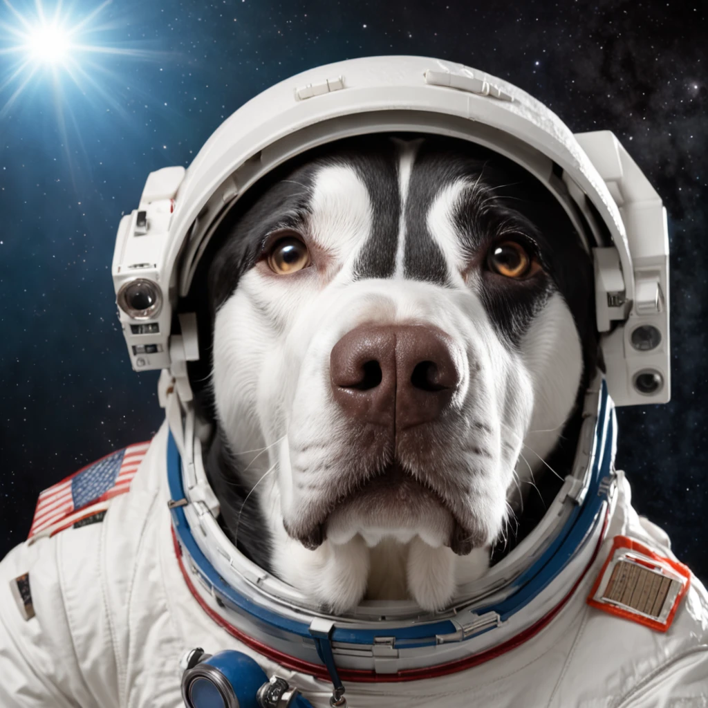 labrador retriever com roupa de astronauta: Represente um labrador retriever realista vestindo uma roupa de astronauta, com todos os detalhes da roupa, como capacete, spacesuit and insignia. Pay attention to the dog's details, como texturas do pelo, olhos, muzzle and facial expressions, to create a realistic and expressive look. Alien spacecraft: Create an alien spaceship with a unique and futuristic design. Add complex technical details, as control panels, luzes, janelas e outros elementos visuais interessantes. Use realistic textures and materials to give the spacecraft a sense of authenticity.Ambiente espacial: Represent outer space with a dark, deep sky, repleto de estrelas brilhantes e nebulosas. Adicione elementos espaciais, como asteroides, planetas distantes e outros objetos celestes, para criar um ambiente imersivo e realista.Use careful lighting to highlight the labrador retriever, the astronaut suit and the spacecraft. Certifique-se de que a luz esteja posicionada de forma a criar sombras e reflexos realistas, to give depth and realism to the image. Create the image with a resolution of 8K (7680x4320 pixels) and in proportion 16:9, ensuring a sharp image suitable for widescreen formats.