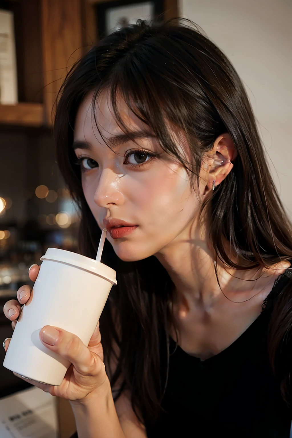 Médium shot of a brunette woman, drinking her coffee