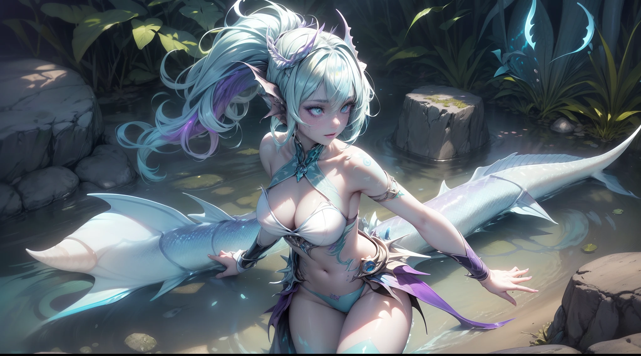 aqua {amphibia|fish|shark|reptile} girl, 1girl, perfect and well designed glowing shiny eyes, (beautiful detailed eyes:1.05), natural breasts, slim body, beautiful and delicate face, (face detail), ((realistic face)), pores, ((pale blue skin)), detailed skin, realistic skin, (((bioluminescence))), (((white-skinned))), ((shiny skin)), ((glowing speckles on skin)), (pointy ears), (fins:1.7), (spikes:1.5), (multicolored gradation skin), ((((blue scales body)))), human face, ((monster girl)), medium length hair, hair voluminous, (((((multicolored gradation hair))))), super high resolution, 8k, parameters Best quality, (masterpiece:1.4), (magic accessories:1.4), bracelets, extremely detailed thick tight ({nylon|lycra|latex|vynil}:1.2) colorful (green, purple:1.4) clothing, (microskirt:1.2), (standing nipples under cloth:1.15), (cameltoe:1.3), (ornaments on clothing), (neckline:1.3), (cleavage), decolette, navel, Young Girl, Little Beast, (Smile:0.7), (pale Blue Skin:1.8), ((tattoos all over body, Tribal tattoos all over legs)), ultra detailed, photorealistic, ((Real image)), (best quality:1.4), super high resolution, (Realistic 2.0), More details, (((1girl))), (on beach), (sunlight, sun day:1.3), (beautiful and aesthetic:1.2), (fractal art:1.4), (cinematic light:1.1), DUTCH ANGLE, 16K, HDR, RTX, Ray Tracing, Radiosity, Anisotropic Filtering, Subsurface Scattering, (((magic lights))), metallic reflections, Detailed, Realistic, 4k highly detailed digital art, (cool_color), extremely detailed CG unity 8k wallpaper, vibrant colors, (((seductive pose)))