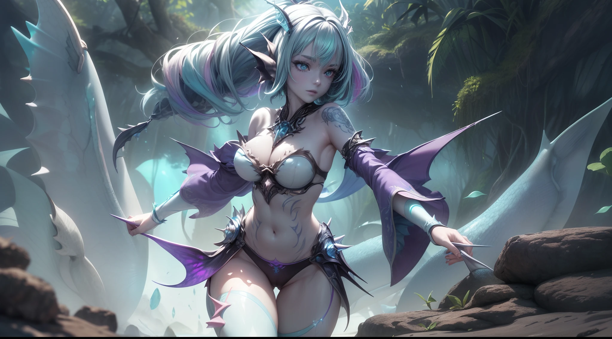aqua {amphibia|fish|shark|reptile} girl, 1girl, perfect and well designed glowing shiny eyes, (beautiful detailed eyes:1.05), natural breasts, slim body, beautiful and delicate face, (face detail), ((realistic face)), pores, ((pale blue skin)), detailed skin, realistic skin, (((bioluminescence))), (((white-skinned))), ((shiny skin)), ((glowing speckles on skin)), (pointy ears), (fins:1.7), (spikes:1.5), (multicolored gradation skin), ((((blue scales body)))), human face, ((monster girl)), medium length hair, hair voluminous, (((((multicolored gradation hair))))), super high resolution, 8k, parameters Best quality, (masterpiece:1.4), (magic accessories:1.4), bracelets, extremely detailed thick tight ({nylon|lycra|latex|vynil}:1.2) colorful (green, purple:1.4) clothing, (microskirt:1.2), (standing nipples under cloth:1.15), (cameltoe:1.3), (ornaments on clothing), (neckline:1.3), (cleavage), decolette, navel, Young Girl, Little Beast, (Smile:0.7), (pale Blue Skin:1.8), ((tattoos all over body, Tribal tattoos all over legs)), ultra detailed, photorealistic, ((Real image)), (best quality:1.4), super high resolution, (Realistic 2.0), More details, (((1girl))), (on beach), (sunlight, sun day:1.3), (beautiful and aesthetic:1.2), (fractal art:1.4), (cinematic light:1.1), DUTCH ANGLE, 16K, HDR, RTX, Ray Tracing, Radiosity, Anisotropic Filtering, Subsurface Scattering, (((magic lights))), metallic reflections, Detailed, Realistic, 4k highly detailed digital art, (cool_color), extremely detailed CG unity 8k wallpaper, vibrant colors, (((seductive pose)))