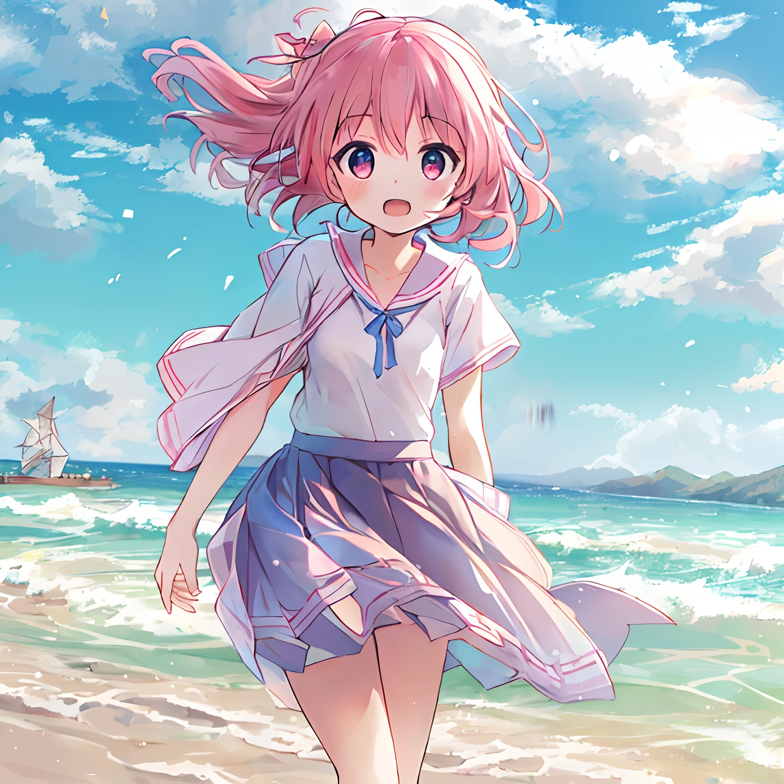 absurderes, hight resolution, (Anime style:1.1), ((masutepiece)), ((Best Quality)), (Ultra-detailed), (Beautiful), 独奏, Beautiful face、(liftup),Cute *********** standing on beautiful beach in Mediterranean Sea,Wind,Pink hair, Fine red eyes,Blue sky,Looking at Viewer,Lens Flare,Dramatic, Beautiful sandy beach、(full body Esbian)、low angles、(Skirt soars in the wind:1.7)、(embarassed face:1.3)、(Cute dress)、Looks fun、