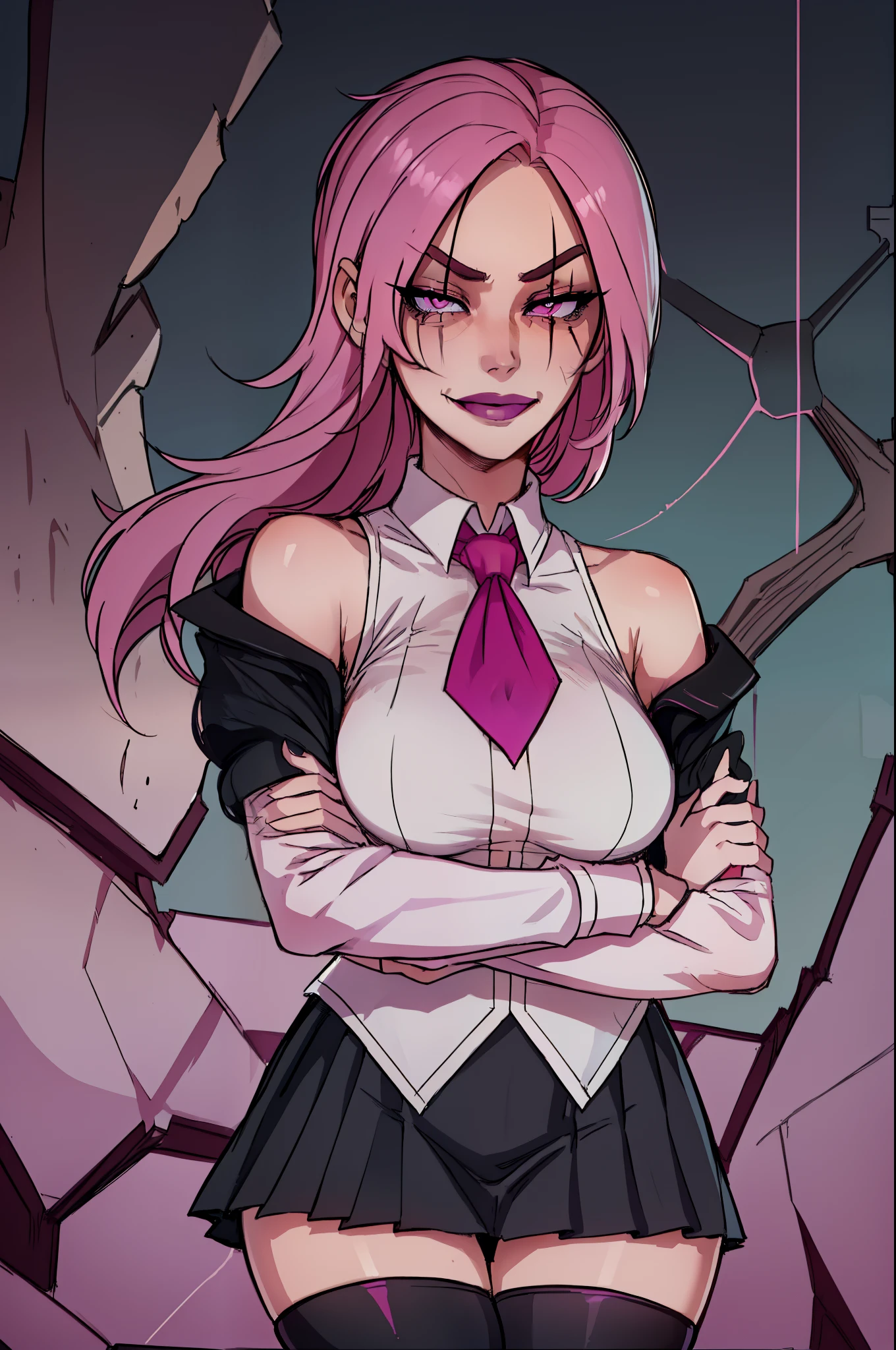masterpiece, best quality, academiaKat, scar over eye, white shirt, necktie, bare shoulders, black jacket, black skirt, thighhighs, smirk, crossed arms, serious expression, schoolhouse, courtyard, beautiful face, portrait, close up to face, pink hair, girly, feminine, thin eyebrows, rose lipstick