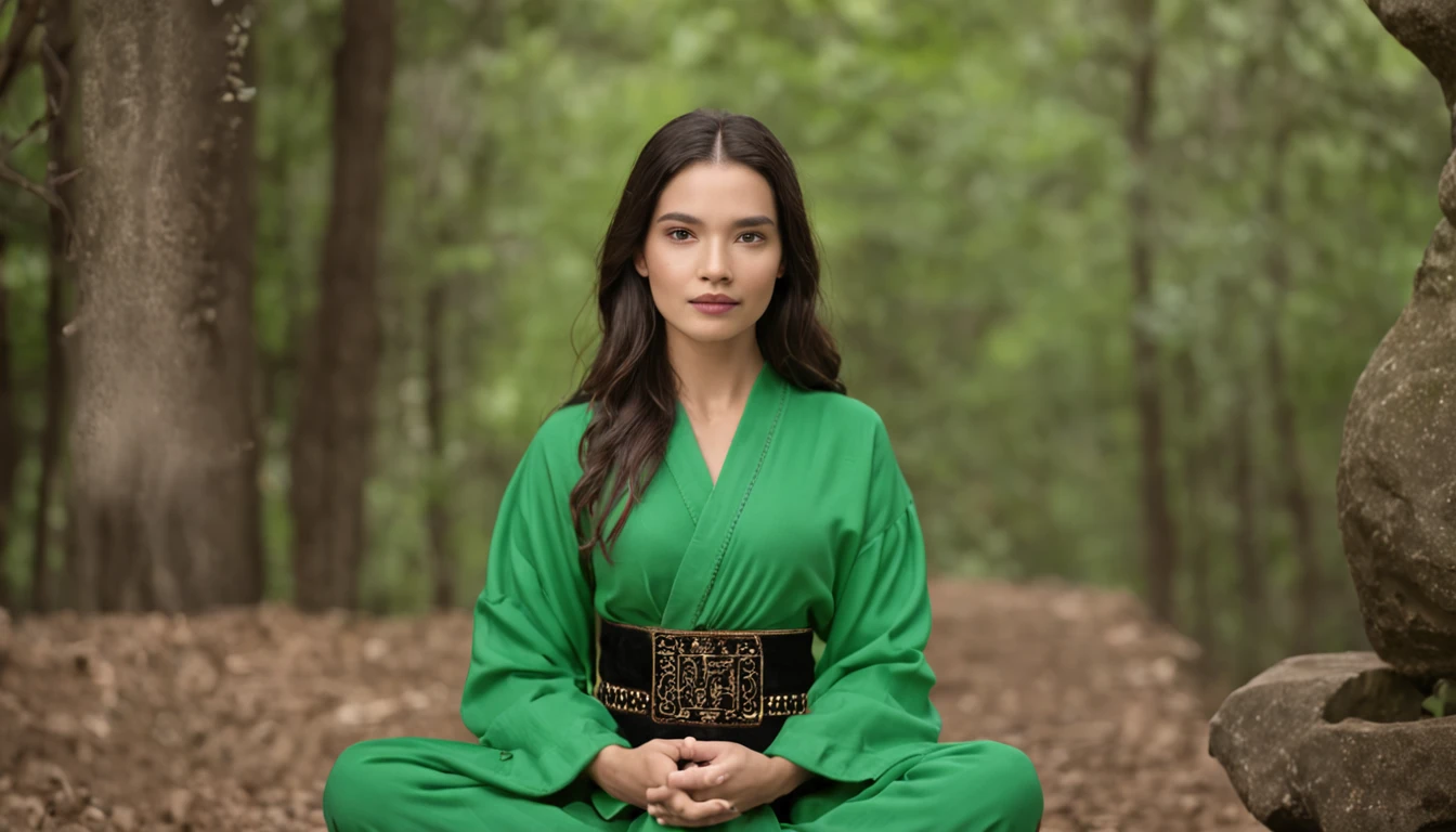 Arafed woman in green dress sitting on a rock in a forest - SeaArt AI