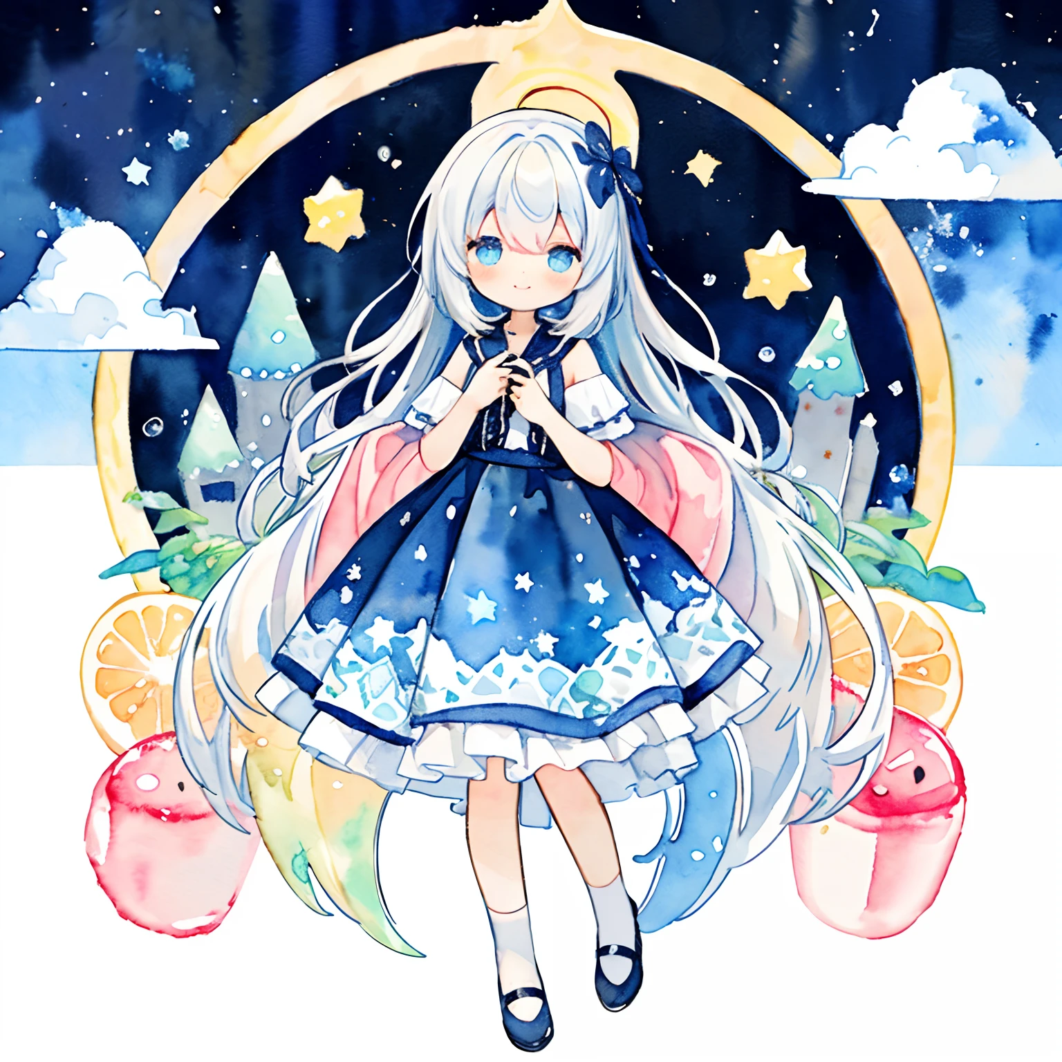 PastelColors:1.5)、(Cute illustration:1.5)、(watercolor paiting:1.2)、Light blue background、girl with、full body Esbian、A smile、Stranger、Pale yellow all over、Moya、marble、colourfull、jello、Jelly Girl、Dreams、nighttime scene、In a dream、fumo、Happiness、Dressed in a dress、1girl in、shooting stars、Fantastical、Lots of stars